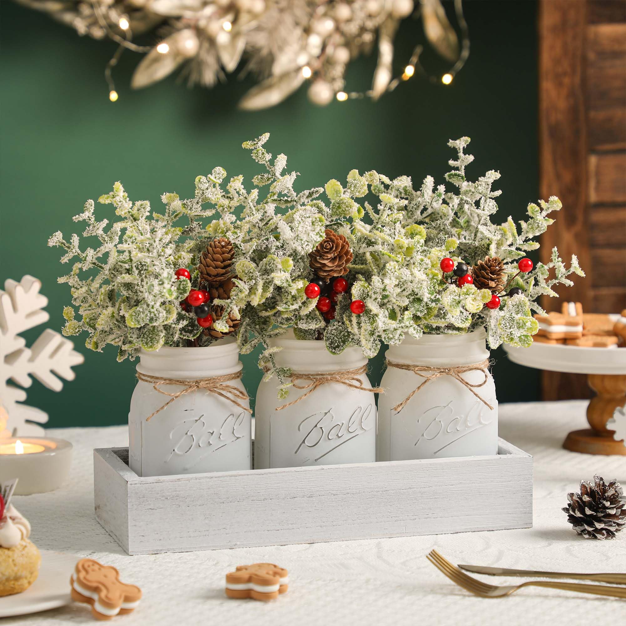 Christmas Mason Jars, Set of 3 White Painted Jars with Artificial Pine and Berries in Wood Tray, Christmas Centerpieces for Dini
