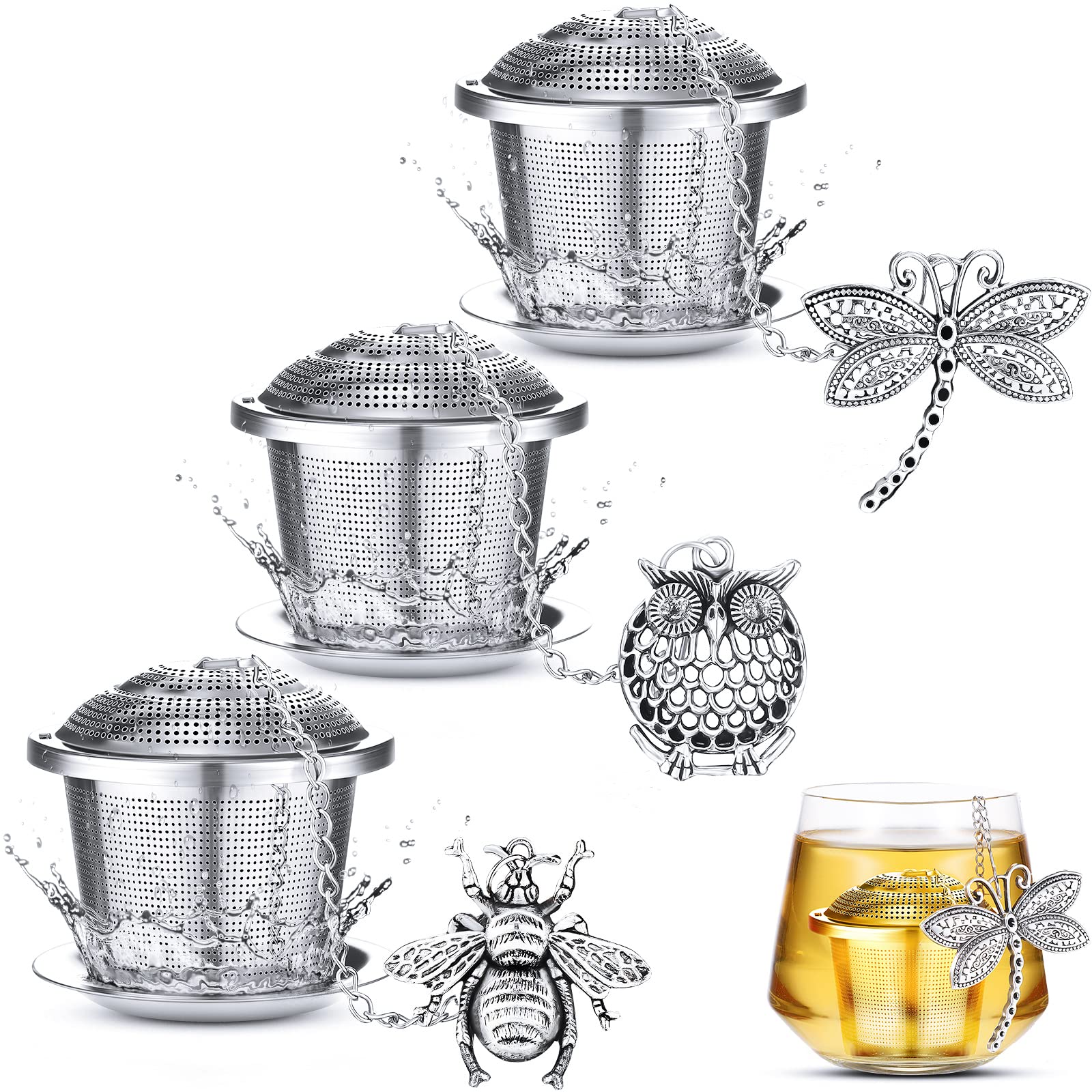 Tea Infusers For Loose 3 Sets Leaf Steeper Strainer Stainless Steel Ball Holder Mesh Filters With Drip Trays And Pendant (Insect