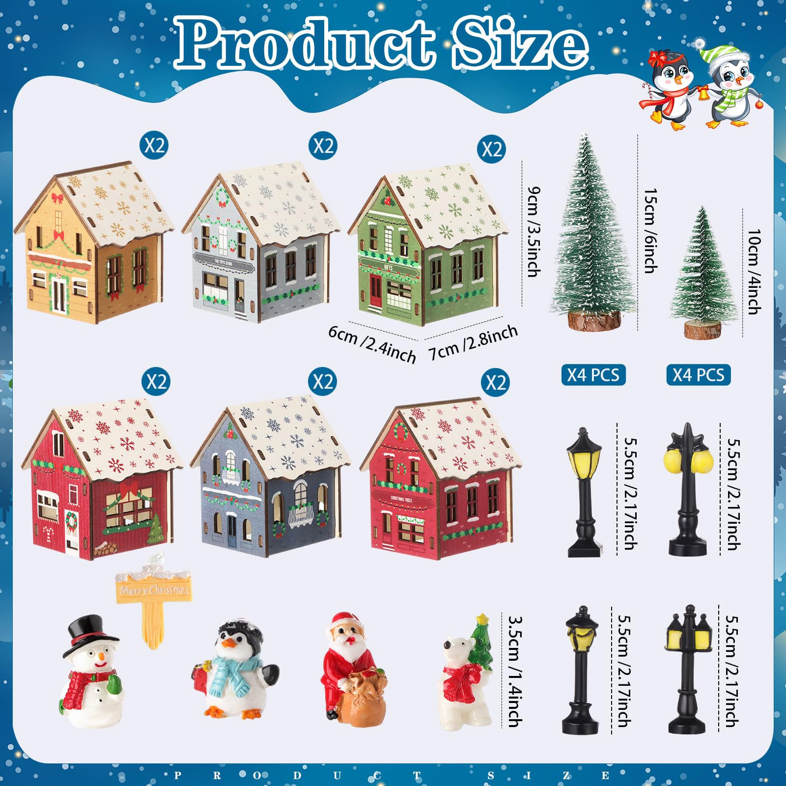 Lunmon 29 Pcs DIY Christmas Village Sets 12 Pcs Wood Village Houses Xmas Scene Figurines Decoration Mini Tree Desktop Ornament f