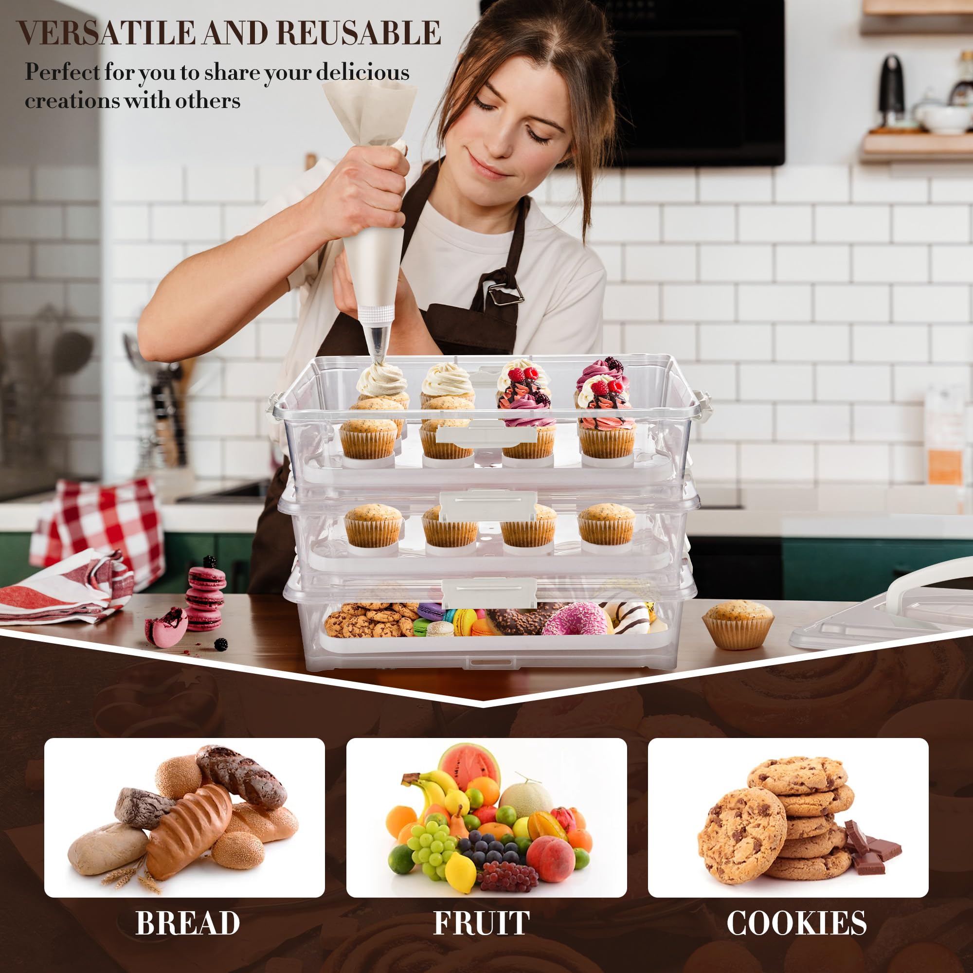 Arc 3-Tiers Cupcake Carrier (White) - Cupcake Holder And Cake Transport Container That Holds Up To 36 Cupcakes Or 3 Large Cakes