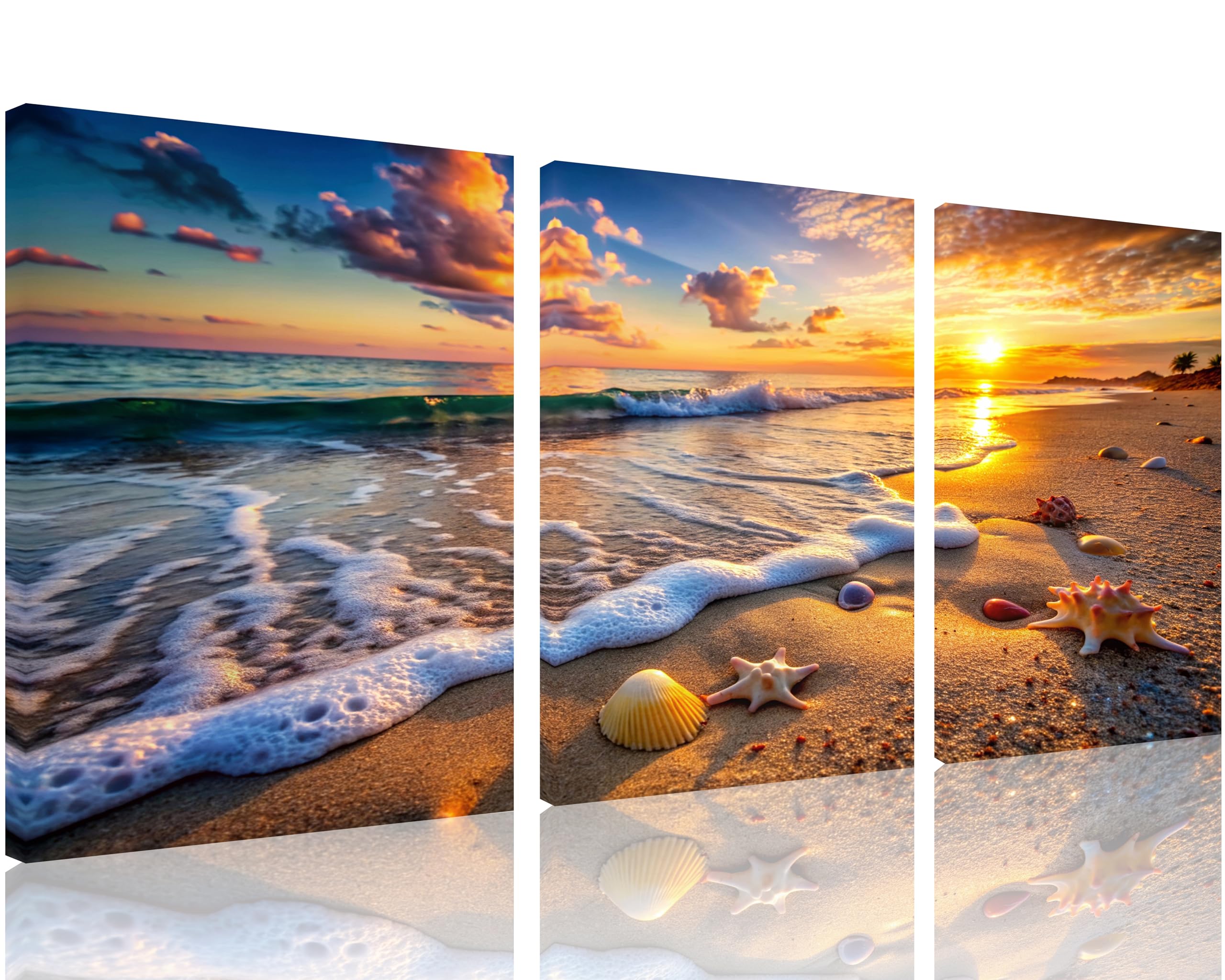 Tutubeer 3 Panels Beach Picture Beach Wall Art Blue Sea Sunset White Beach With Starfish Beach Canvas Print On Canvas Seascape T