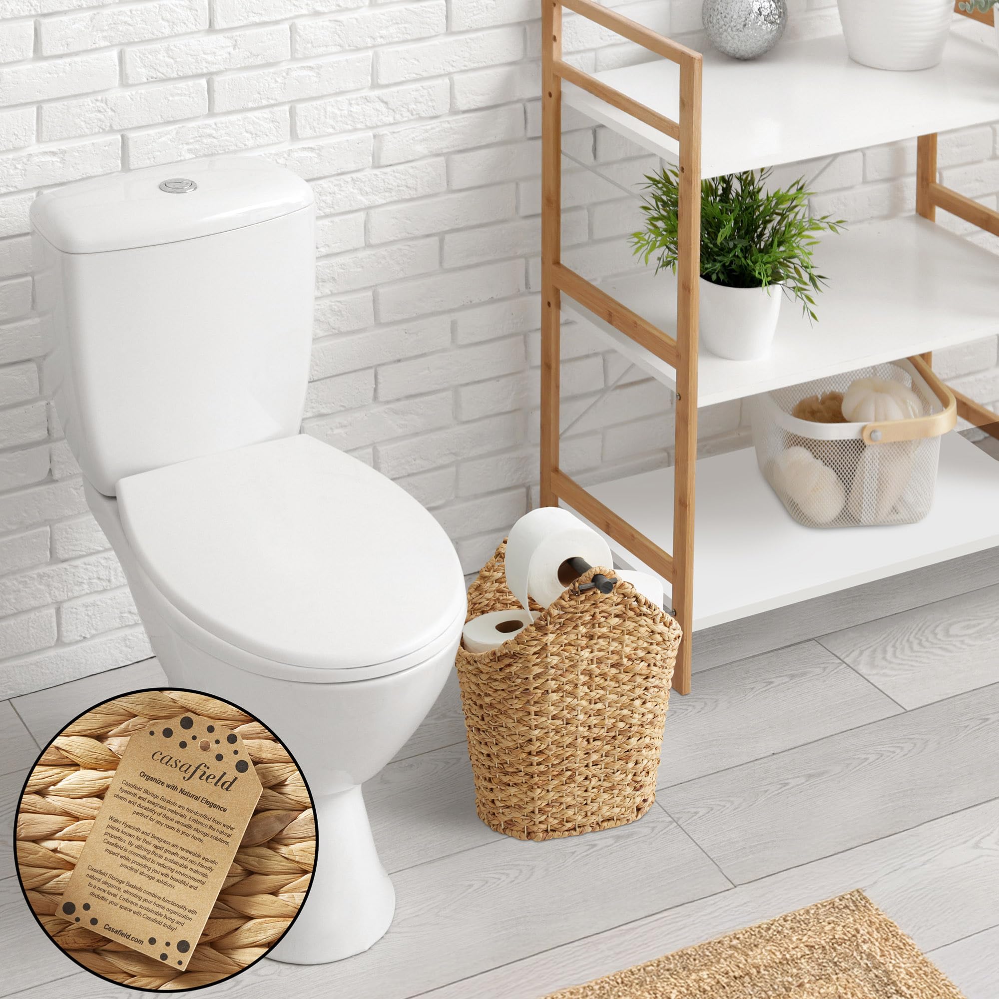 Casafield Toilet Paper Storage Basket with Wood Roll Holder Bar - Espresso, Braided Water Hyacinth Wicker Bathroom Tissue Storag