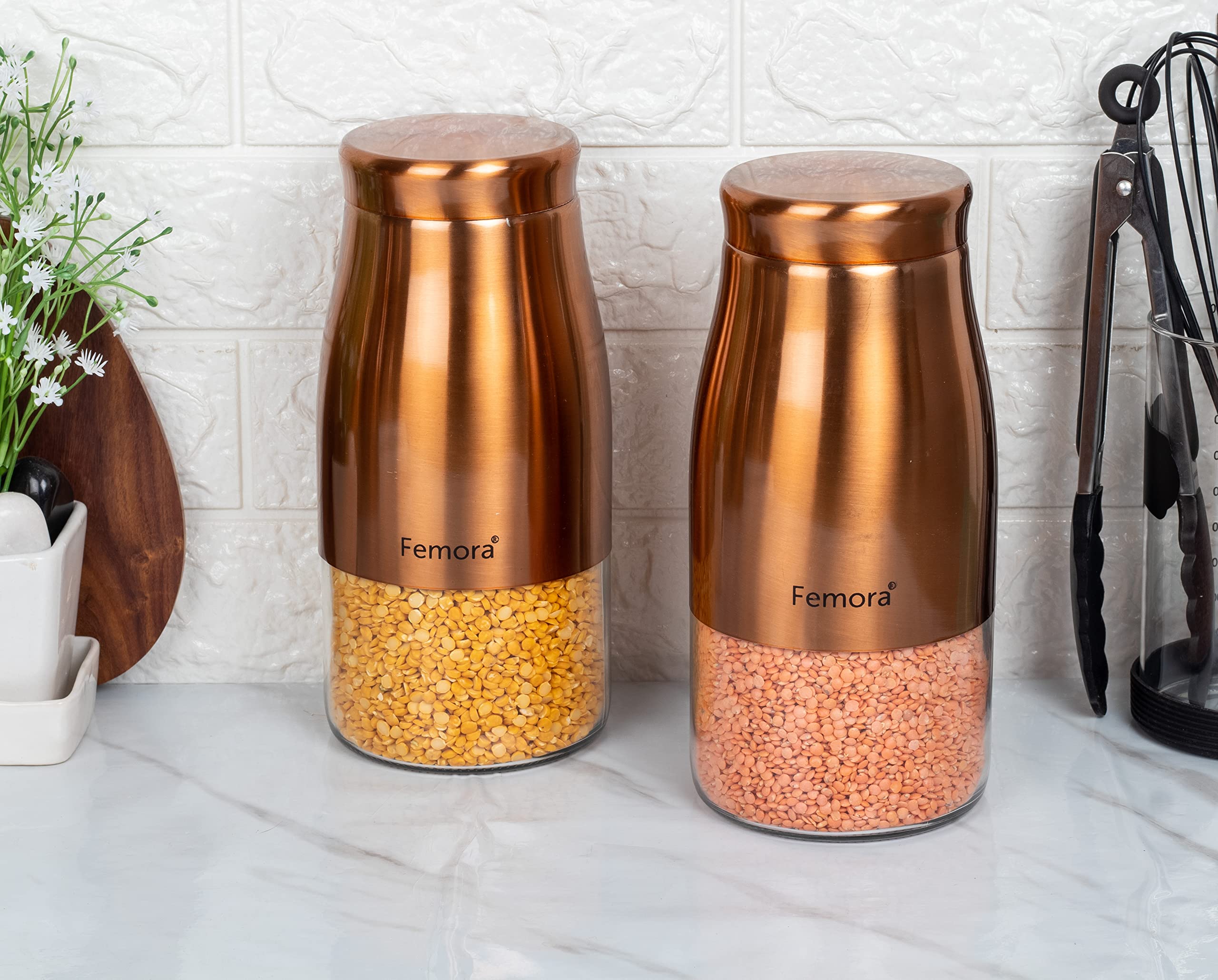 Femora Clear Glass Gold Metallic Steel Glass Jars Tea Sugar Jar Container Cereal, Spices, Pulses Container Spice Jar for Kitchen