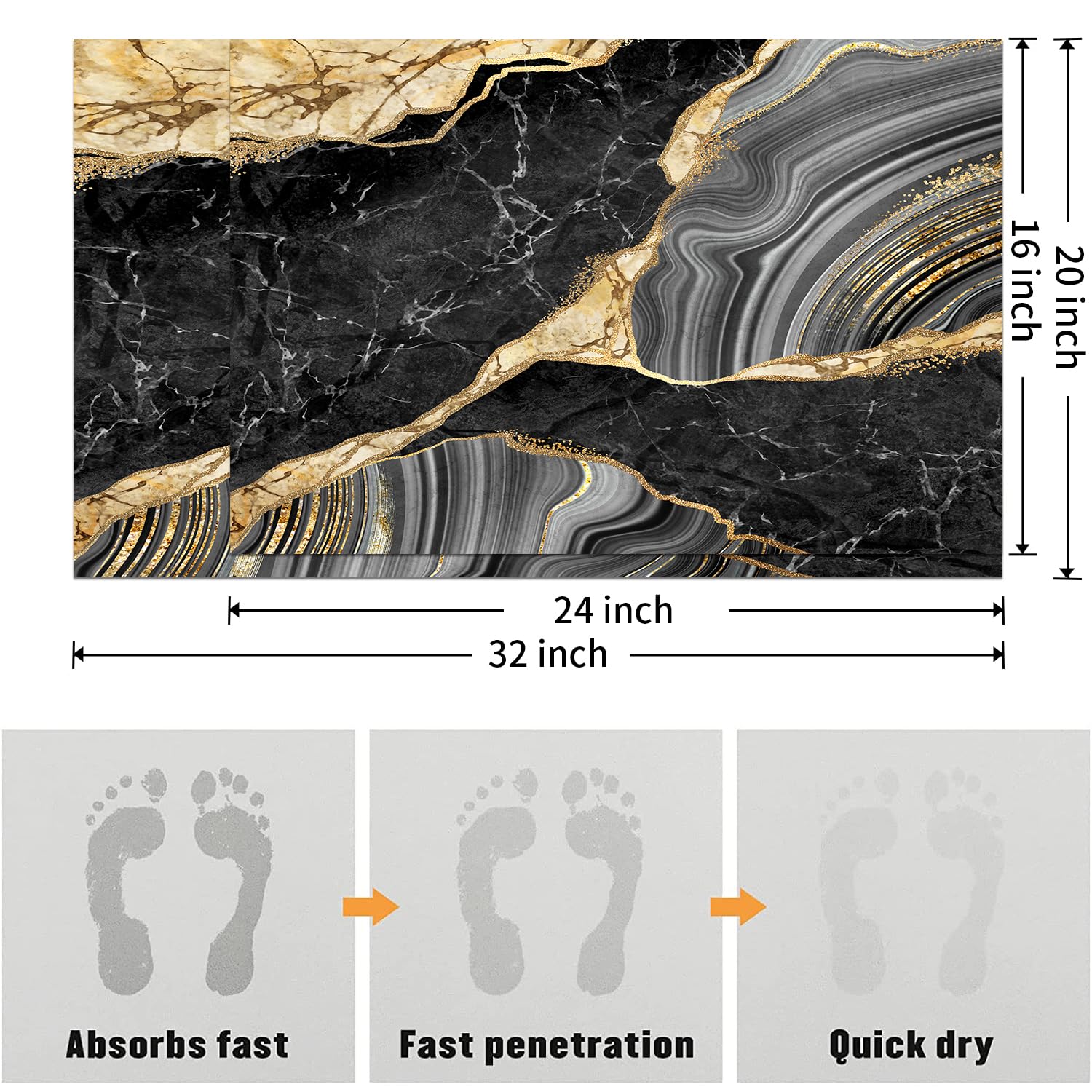 Muginyu Black And Gold Rug For Bathroom Decor,Black And Gold Bathroom Rugs Sets 3 Piece,Marble Decor Thin Rubber Diatomaceous Ea