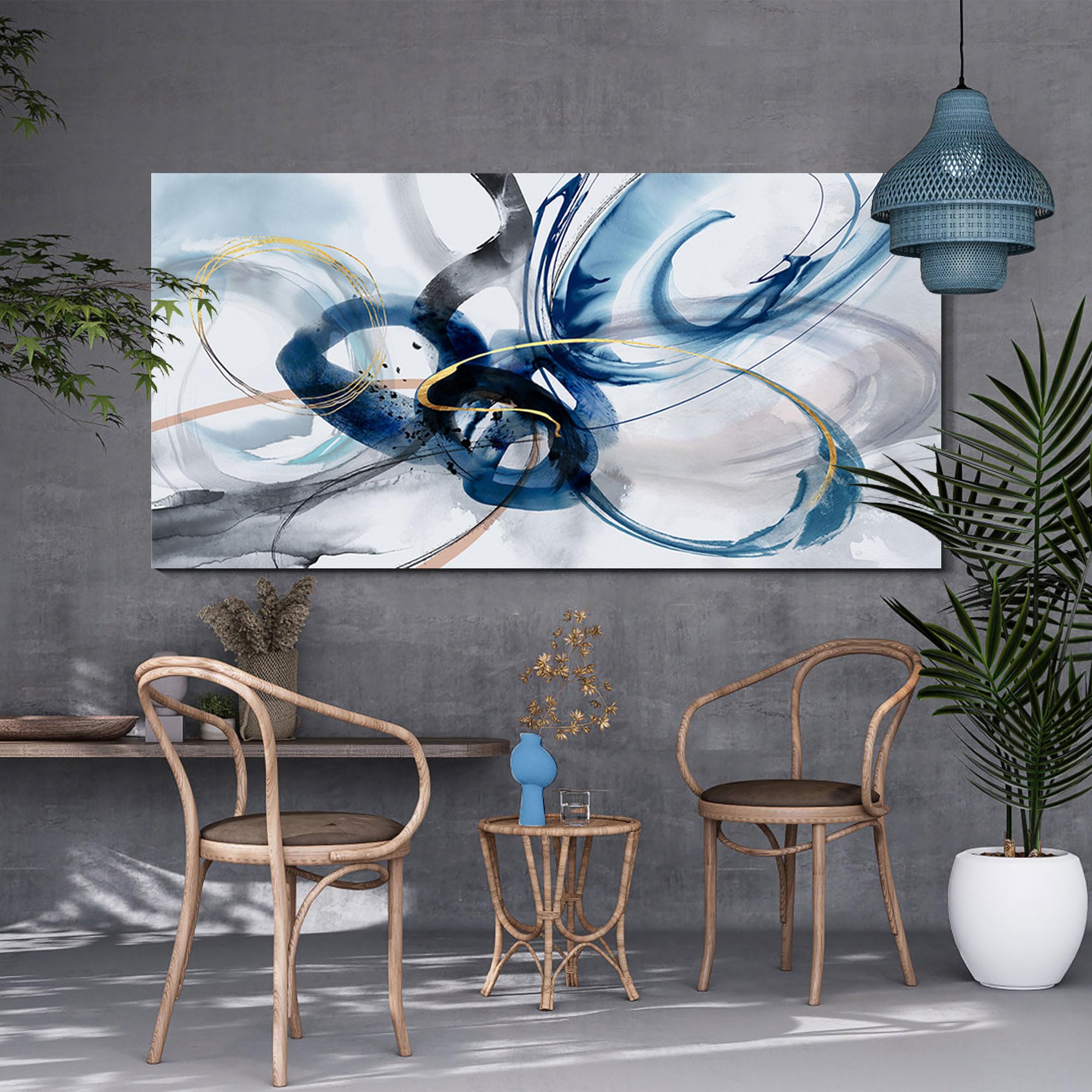 Yiijeah Modern Large Abstract Wall Art - Bright And Bold Line Design - Blue And White Canvas Picture Artwork Wall Art For Living