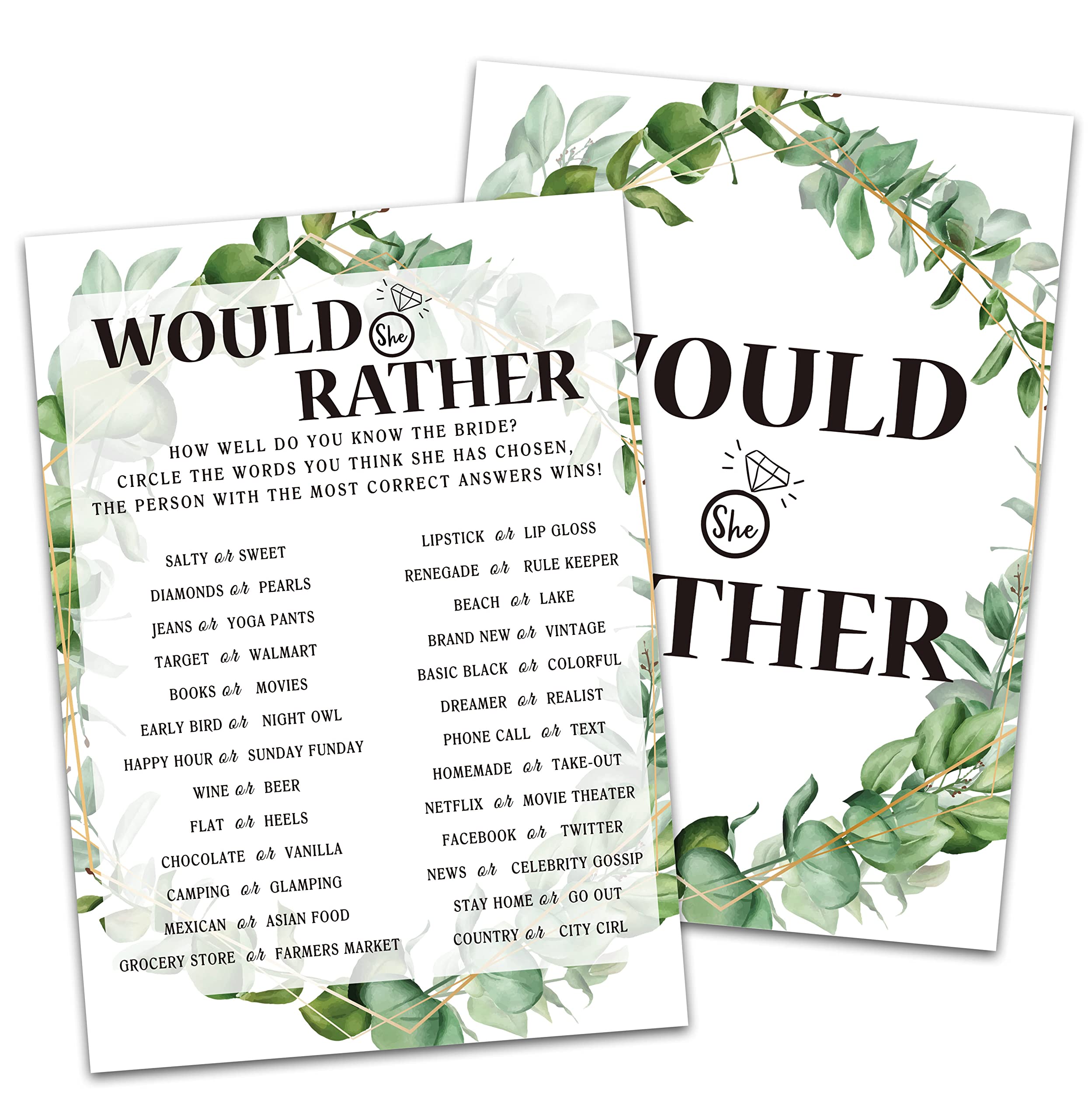 Bridal Shower Game Cards, Would She Rather Game, Tropical Jungle Theme Engagement Party Cards For Wedding, Set Of 30 Cards(Leaf0