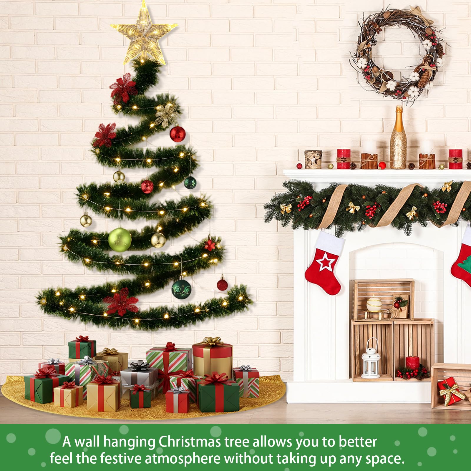 HyDren 91 Pcs DIY Wall Christmas Tree Kits, 66 Ft Xmas Garland Star Topper Tree Skirt Ball Ornaments String Lights Candy Cane Po