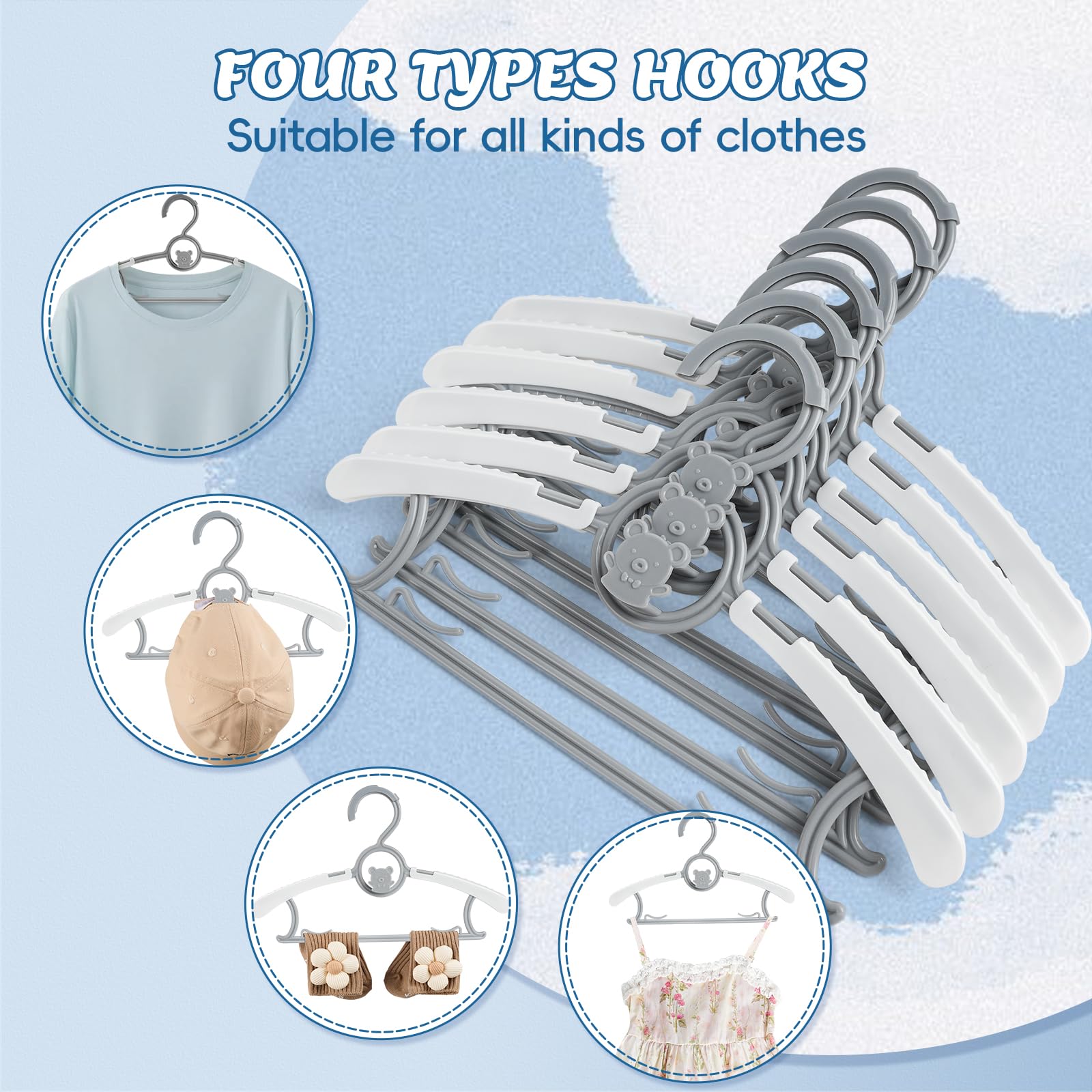 Piglog Baby Hangers 60 Pack Kids Hangers-Extendable Adjustable Non-Slip Plastic Kid Hangers For Closet,Stackable Baby Clothes Ha
