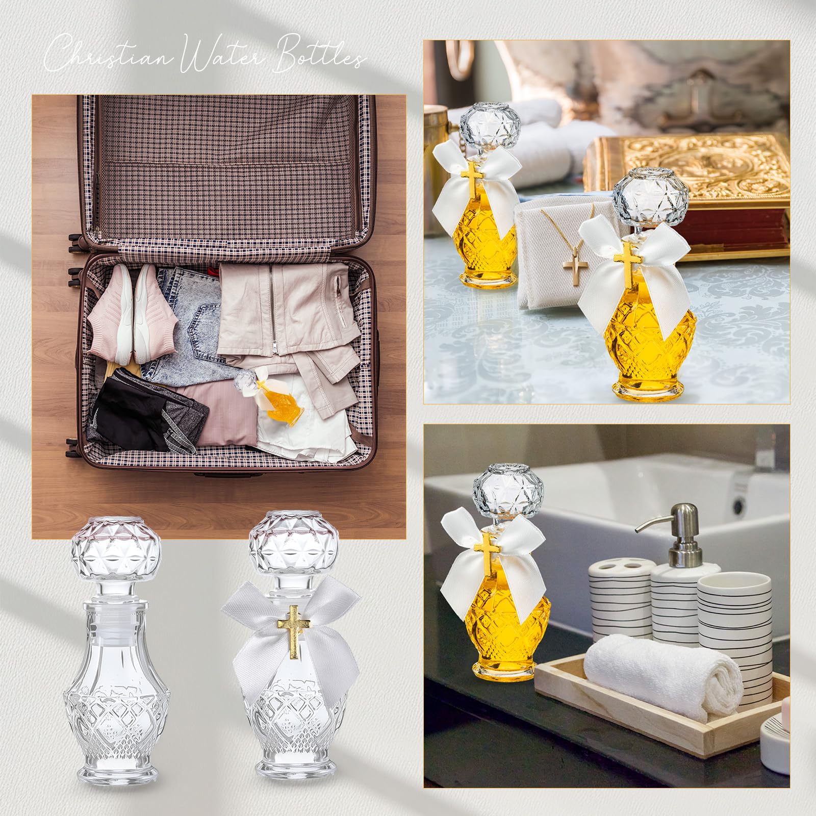 Chuangdi 10 Set Holy Catholic Water Bottles 50ml Christian Water Container Empty Catholic Glass Bottle with Cross Lapel Pin Ribb