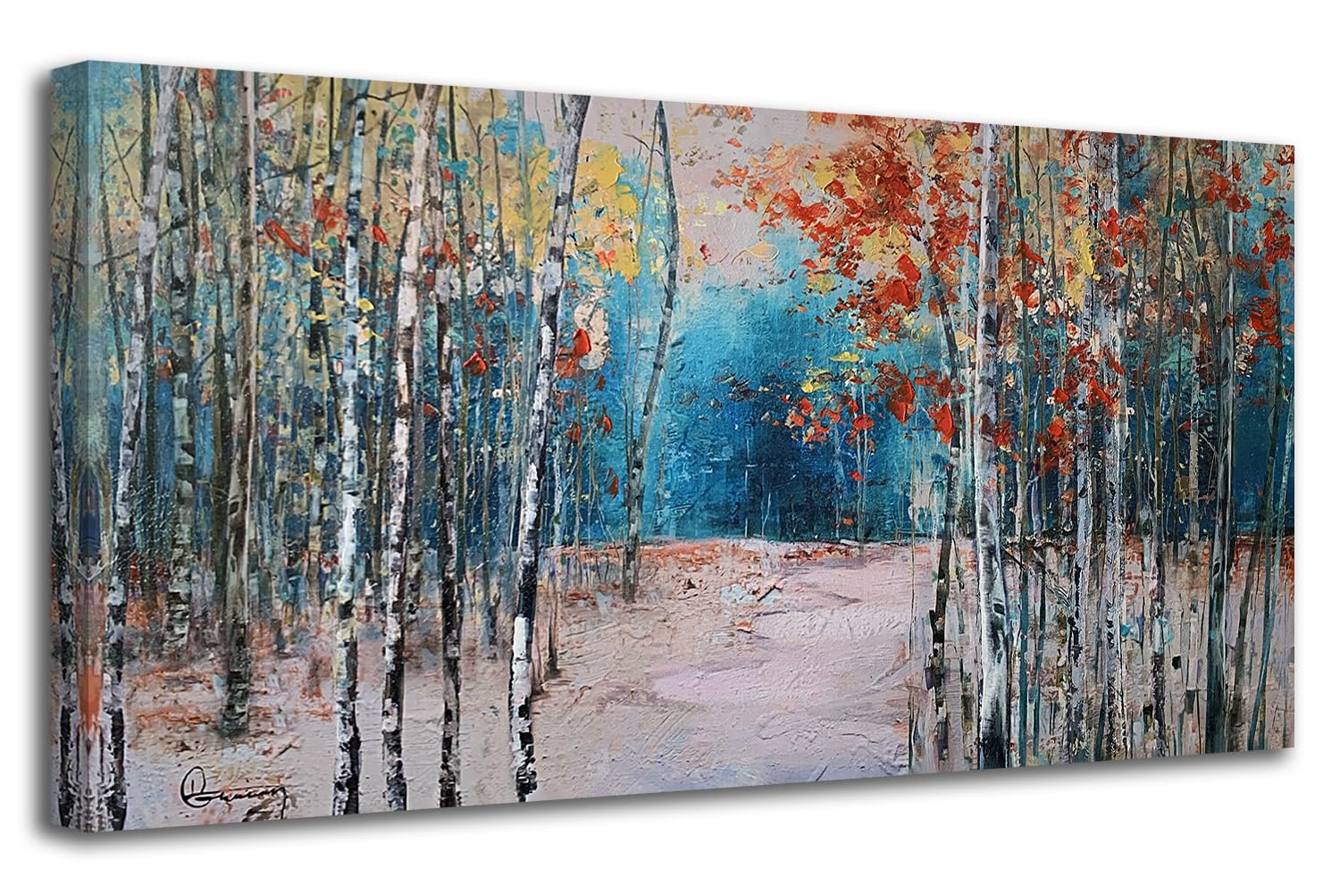 Ardemy White Birch Tree Canvas Wall Art Blue Forest Painting Landscape Picture  Teal Nature Artwork Modern Large Framed for Living Room Bedroom Bathroom Dinning Room Home Office Wall Decor 48''x24''