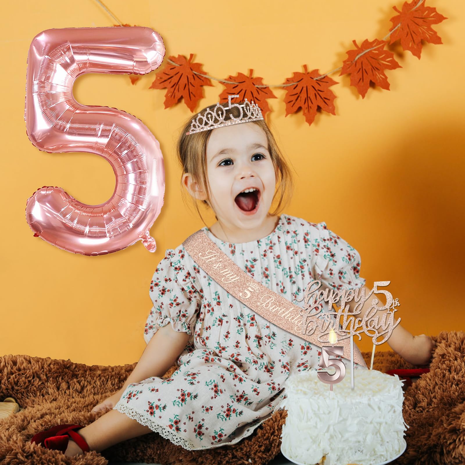 5Th Birthday Decorations For Girls, Including 5Th Birthday Sash And Tiara, 5 Candles And Cake Toppers, Rose Gold Balloons And 3D