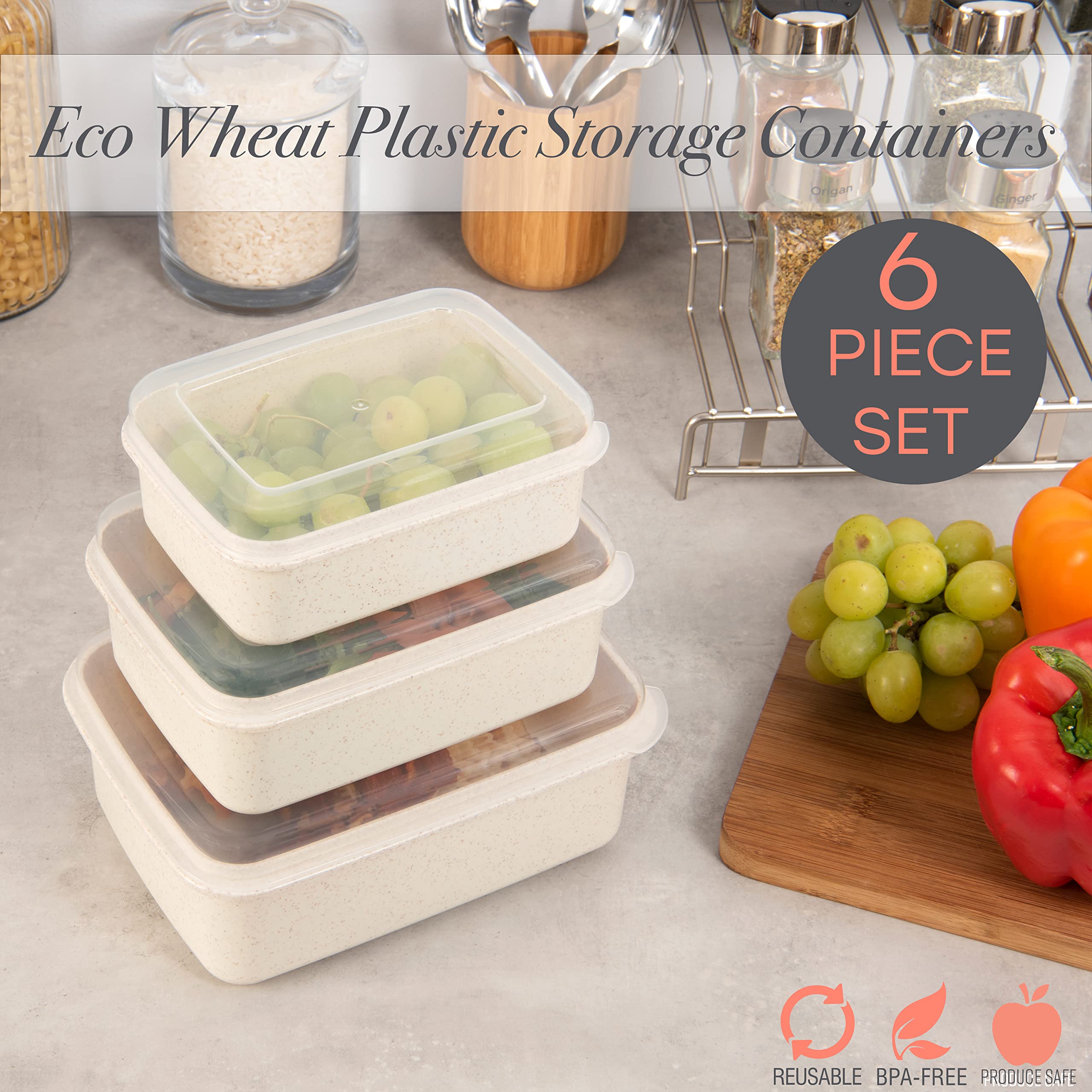 Simplify 6 Piece Set Eco Wheat Plastic Food Storage Containers | Clear Lid | Meal Prep | Leftovers | Kitchen | Lunch | Natural |