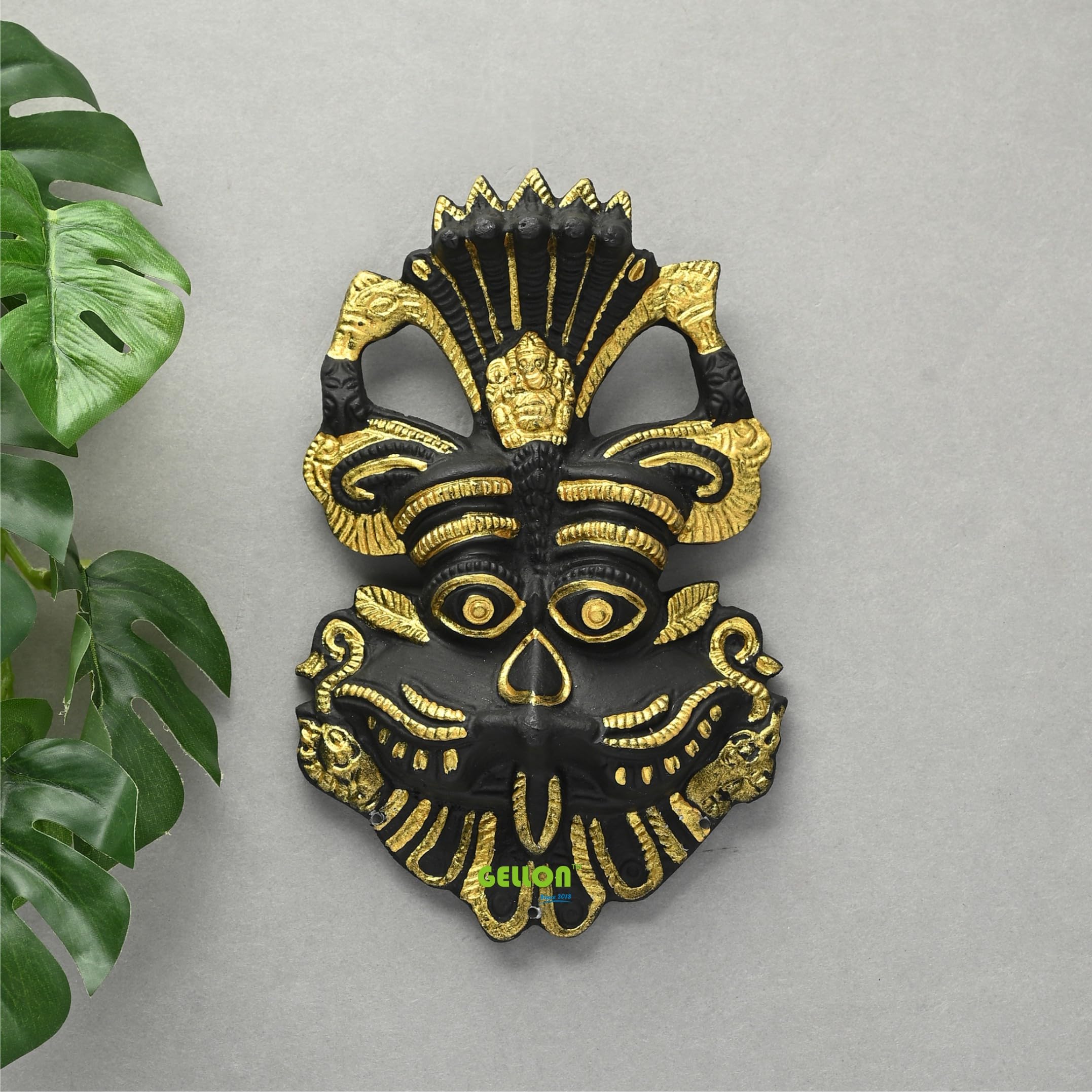 Gellon Kirtimukha In Matte Black Finish With Golden Latkan For Home Door In Metal, Wall Hanging For Home Decor, Nazar Battu For