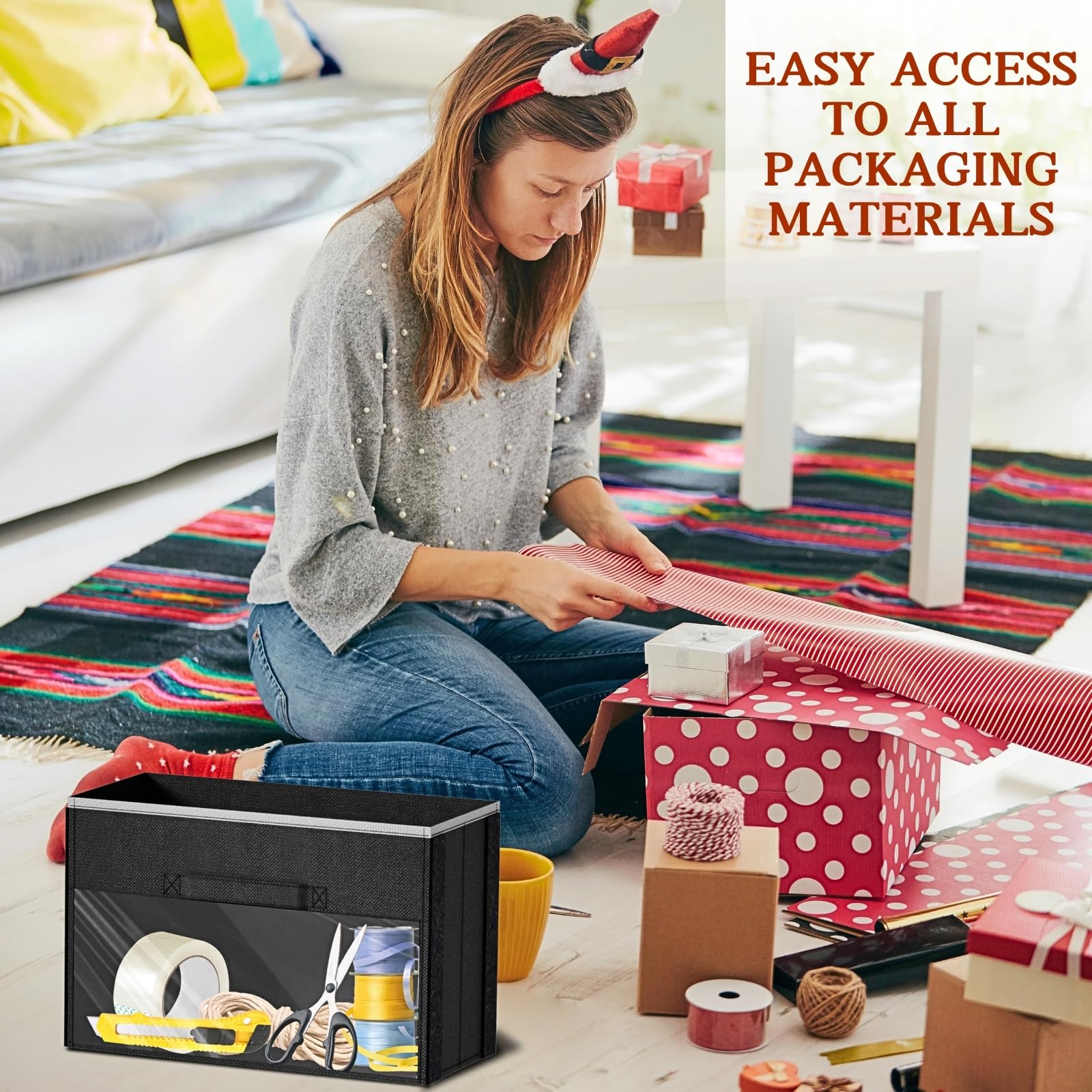 Black Over Door Wrapping Paper Organizer Storage with 3 Removable Drawers & Side Pockets - Dual Use Design with Elastic Straps -