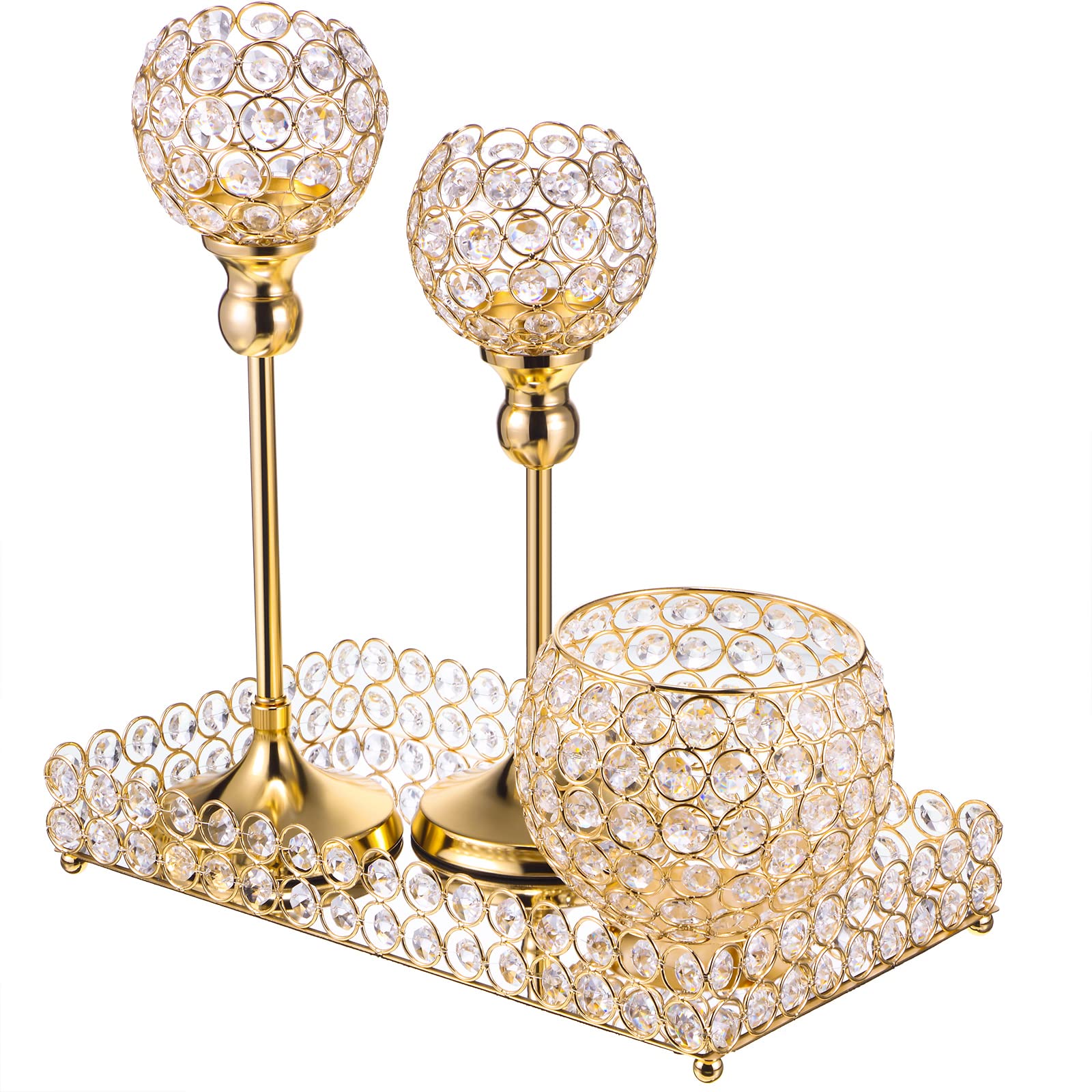 Patelai 4 Packs Golden Crystal Candle Holders Centerpieces Table Decorations Crystal Tea Lights Candelabras Mirror Tray for Vase