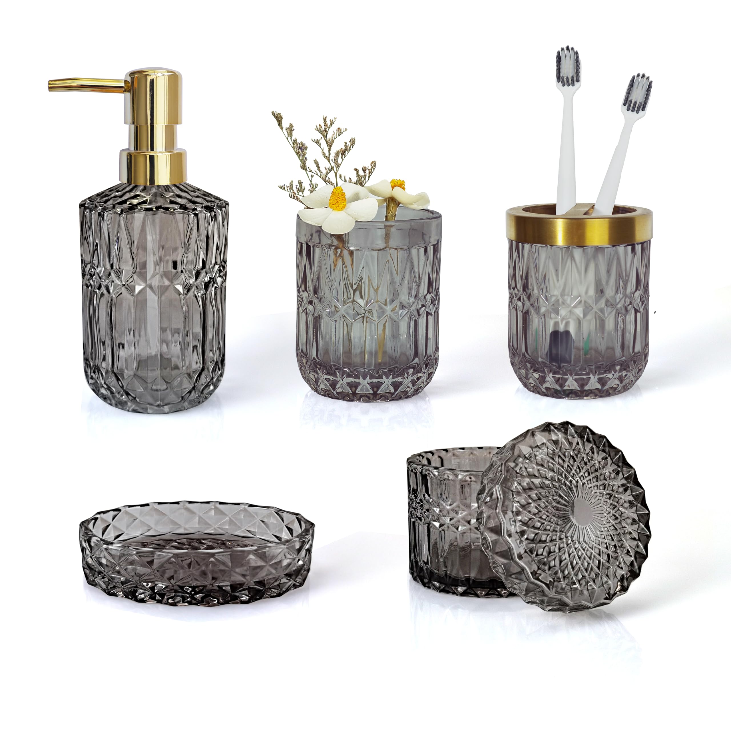 LaMarriti 5Pcs Black Glass Bathroom Accessory Complete Set  Lotion Dispenser  Soap Dish  Toothbrush Holder Set  Tumbler  Cotton Swab Jars  Vintage Bathroom Decor and Gift Set  Grey Black