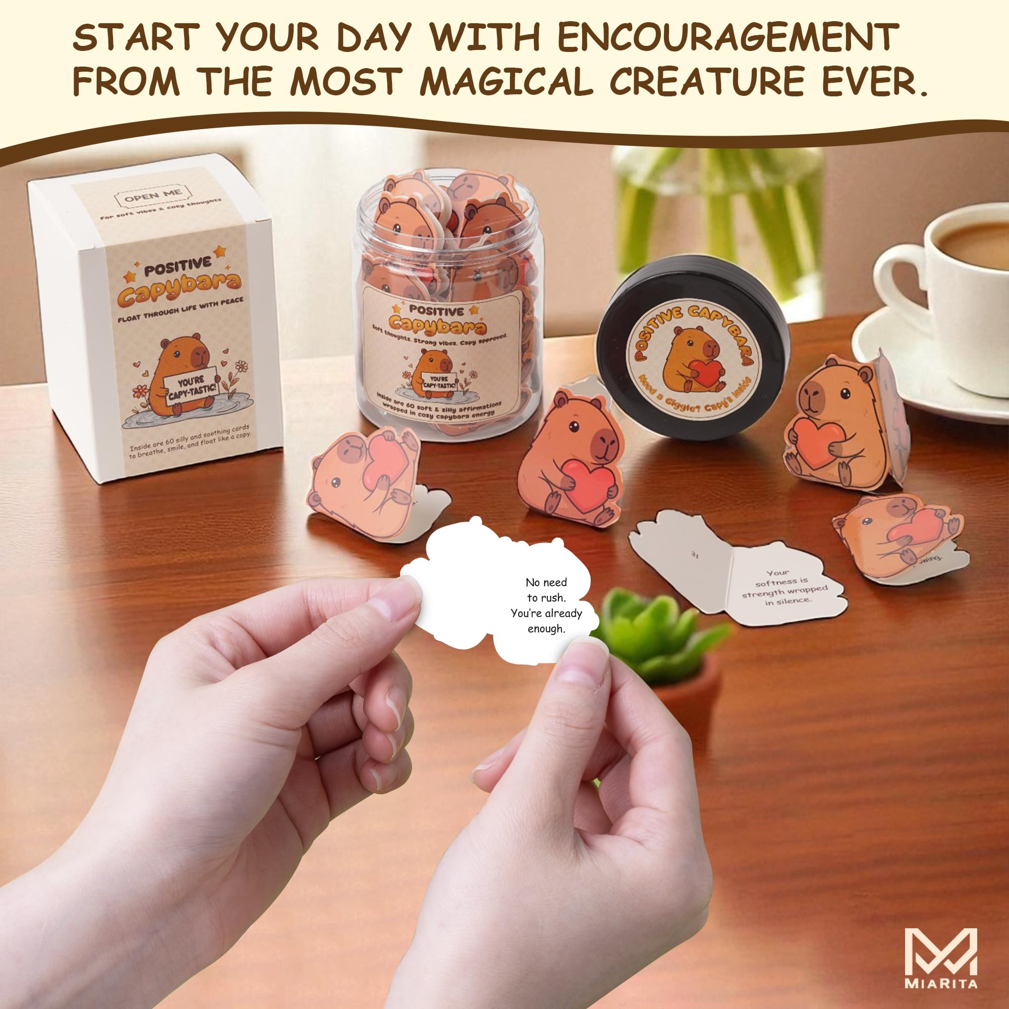 Miarita Positive Capybara Jar - 60 Positive Affirmation Cards For Women, Girls, Cards to Reduce Anxiety & Increase Relaxation, C