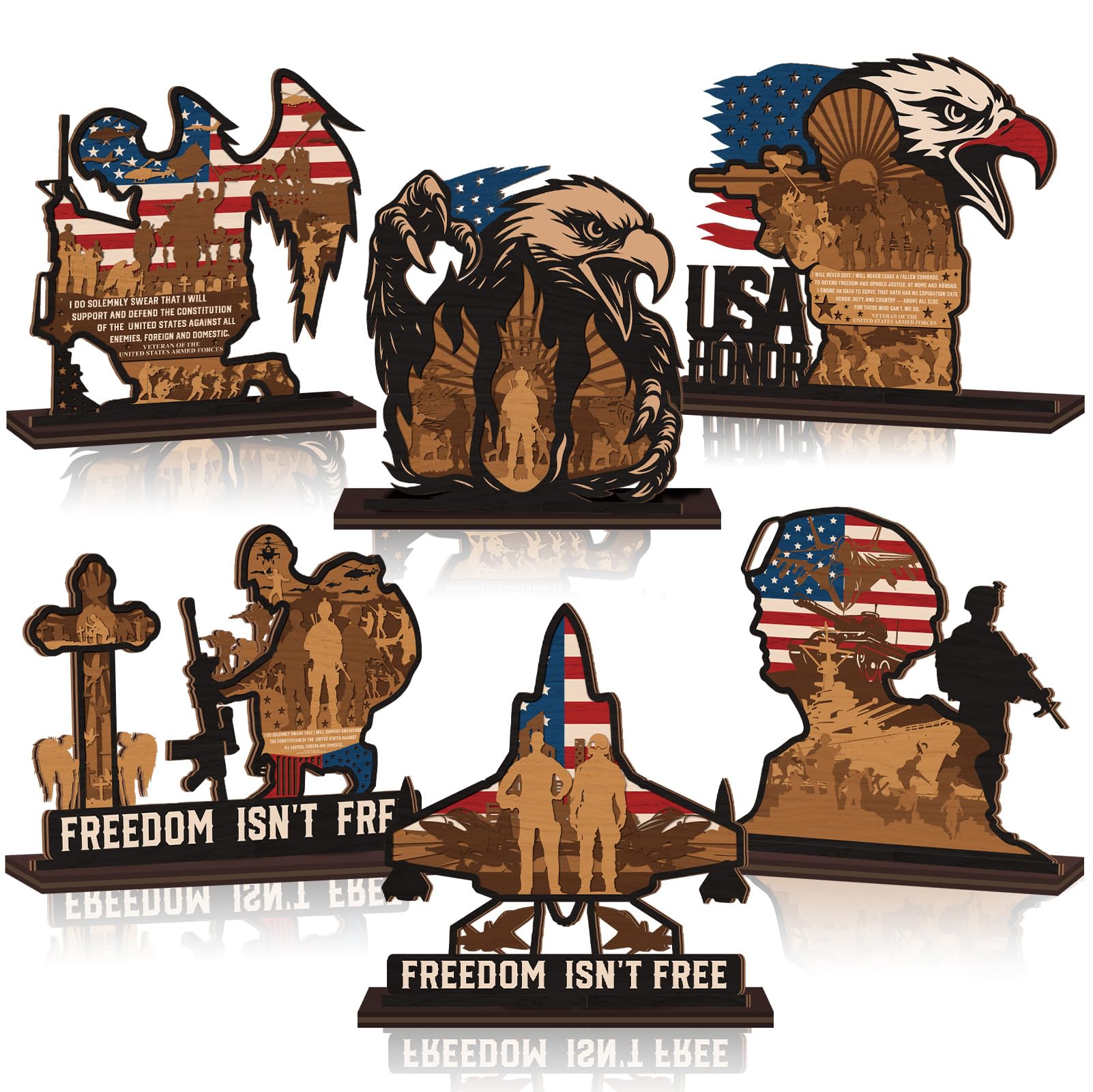 Yuntau 6 Pcs 4th of July Patriotic Table Decorations 250th Anniversary Wood Table Centerpiece American Soldier USA Wooden Tablet