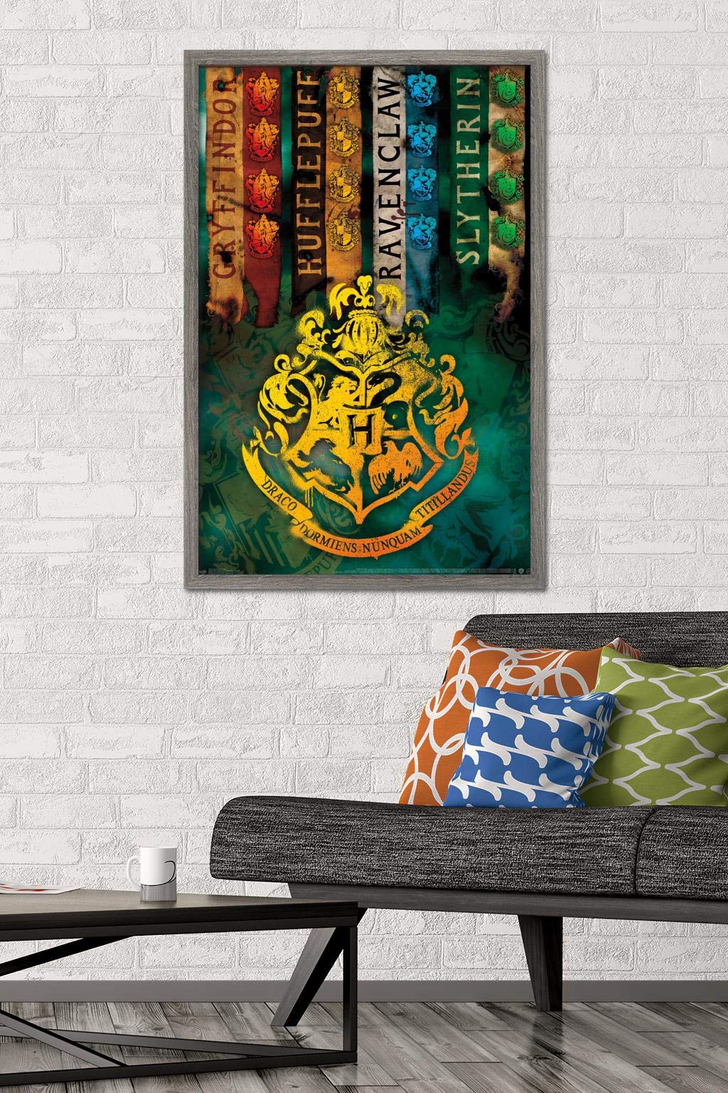 Trends International The Wizarding World: Harry Potter - House Crests Wall Poster, 22.375'' X 34'', Barnwood Framed Version