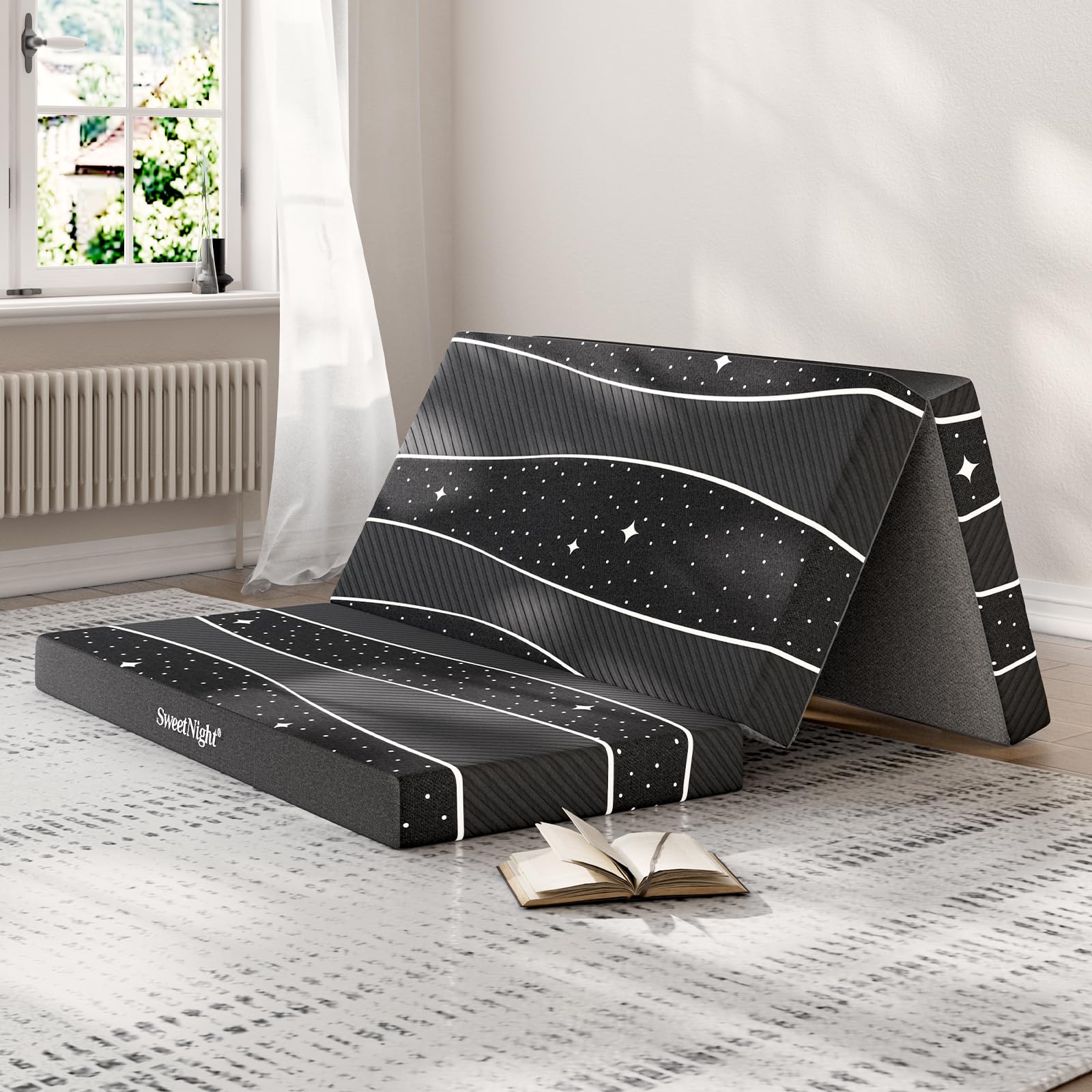 Sweetnight Tri-Fold Mattress - 4 Inch Dual-Layer Foam Folding Mattress | Removable & Washable 500G Superfine Fiber Cover | Suita