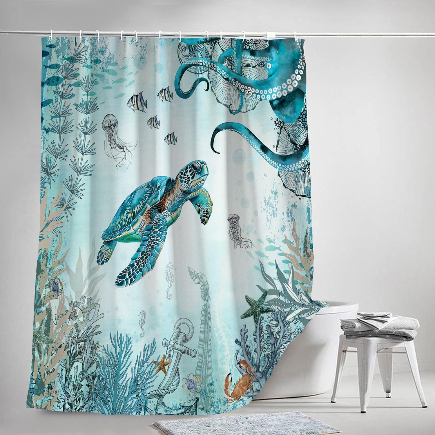 Wathon Sea Turtle Octopus Shower Curtain Blue Teal Ocean Bath Curtain Fish Underwater Animal Seashell Jellyfish Coastal Theme Ba