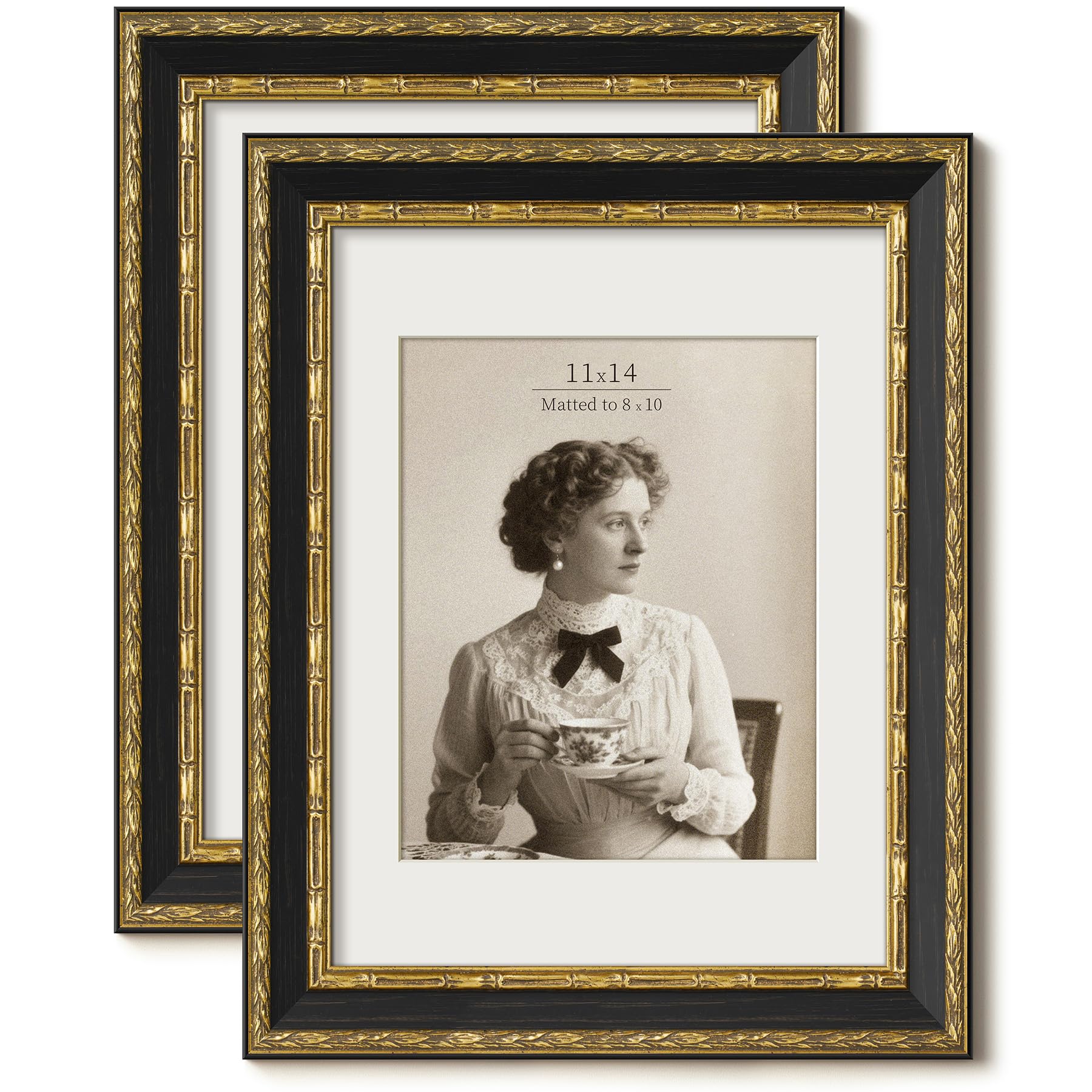 FrameMind Vintage 8x10 Picture Frame, Ornate Antique Gold 8x10 Frame with Tempered Real Glass, Display 5x7 with Mat or 8 x 10 wi