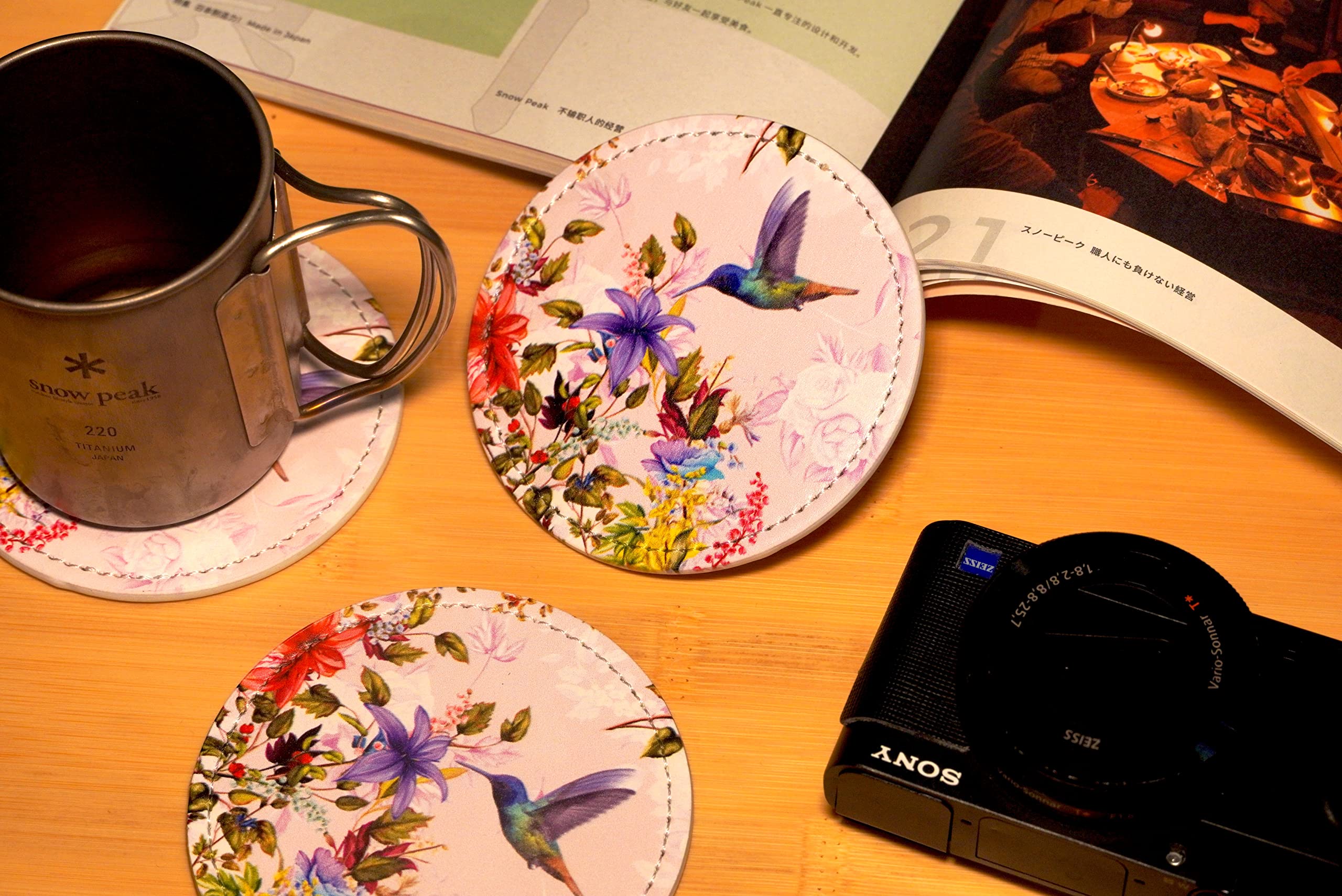 Hummingbirds Bird Flower Coasters For Drinks With Holder Leather Coasters Set Of 6 Table Decor Protect Furniture From Water Mark
