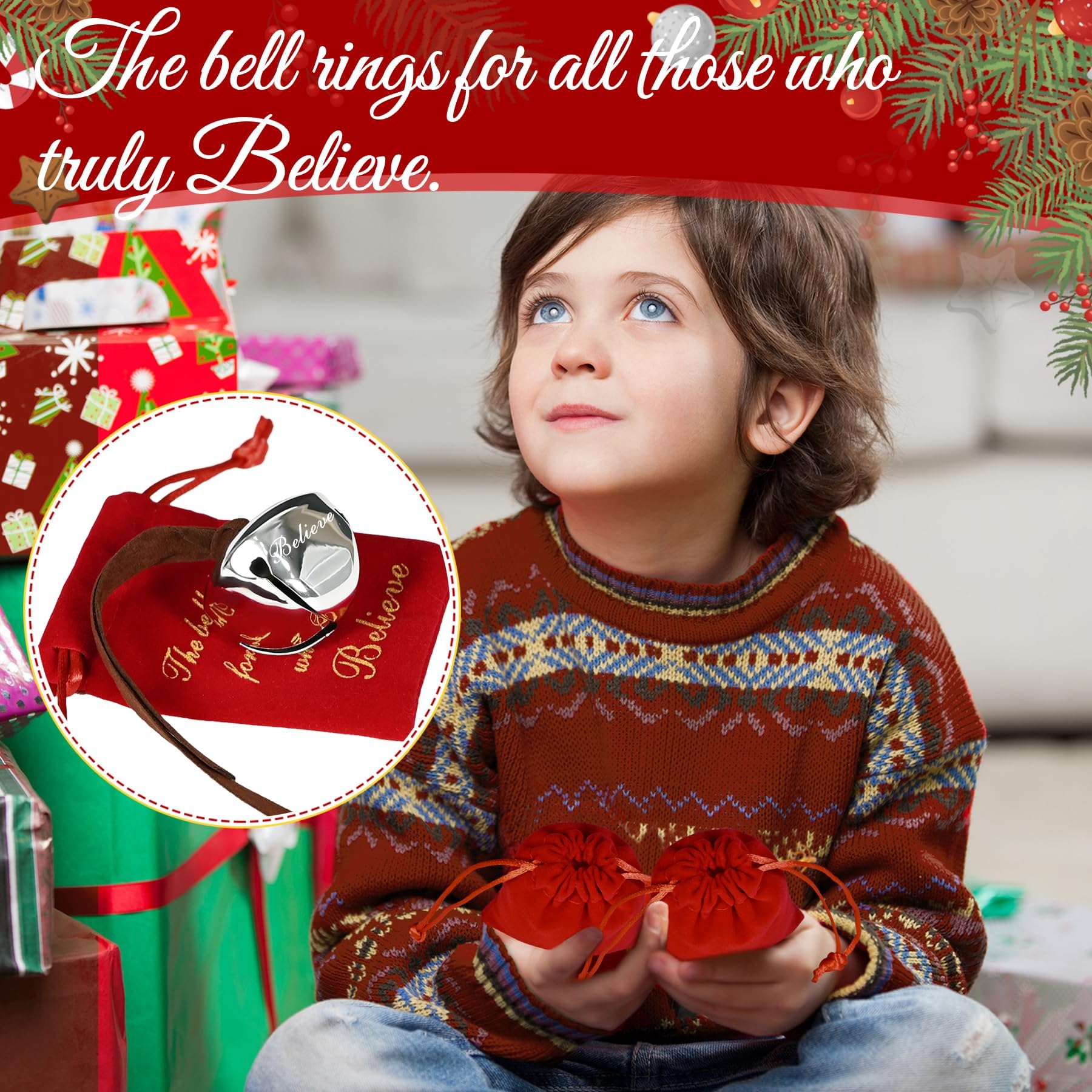 25 Set Christmas Believe Bells Bulk Polar Santa Sleigh Bells Santa Gifts Silver Reindeer Bell Ornaments with Red Velvet Bags for