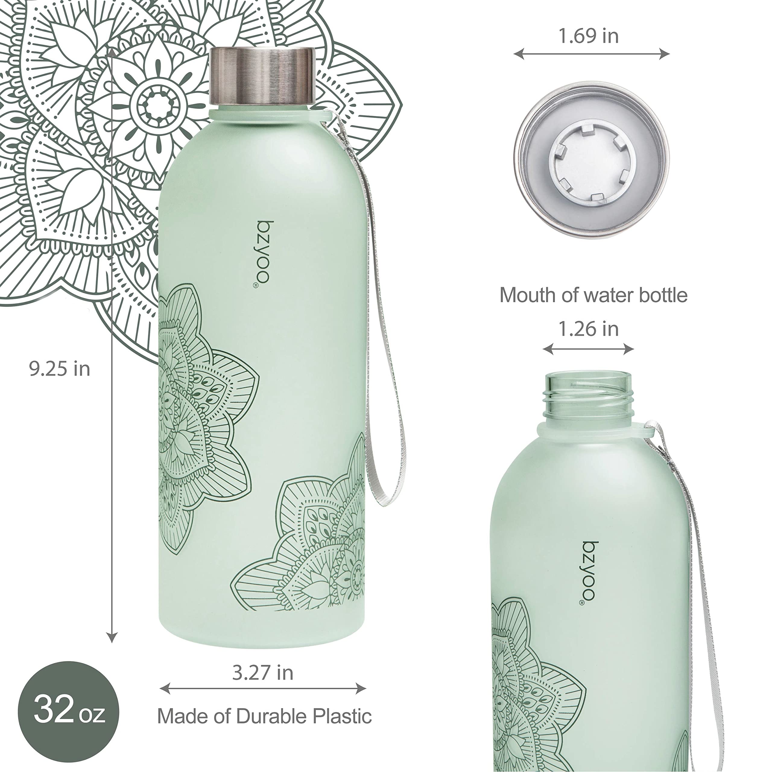 bzyoo 32 OZ 1 Liter Time Marker Water Bottle BPA Free Frosted Durable Plastic With Strap - Reusable Times To Drink For Sports Gy