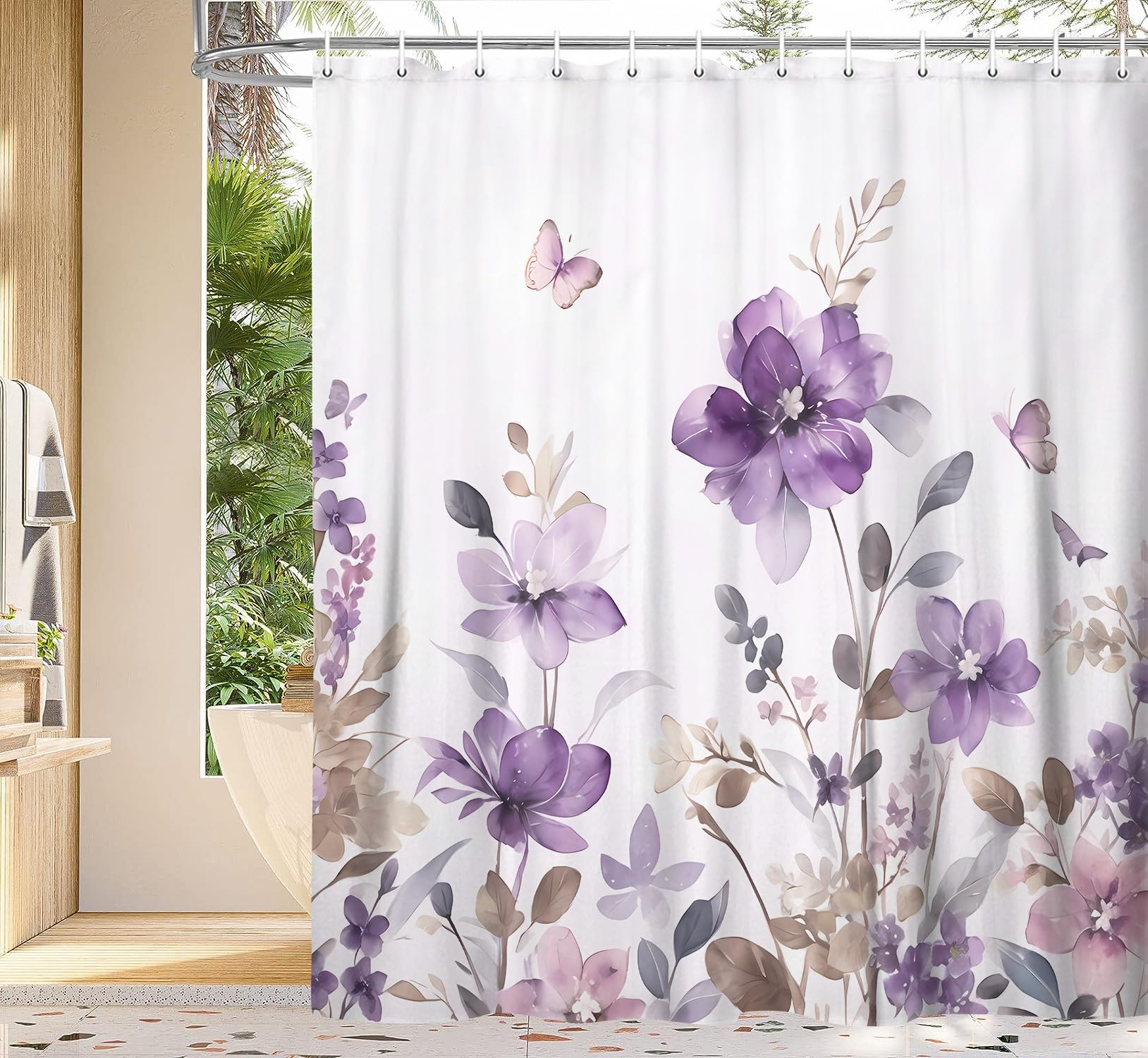 Purple Floral Shower Curtain, Farm Watercolor Flower Leaves And Butterfly On Country Wooden Shower Curtain For Bathroom, Rustic