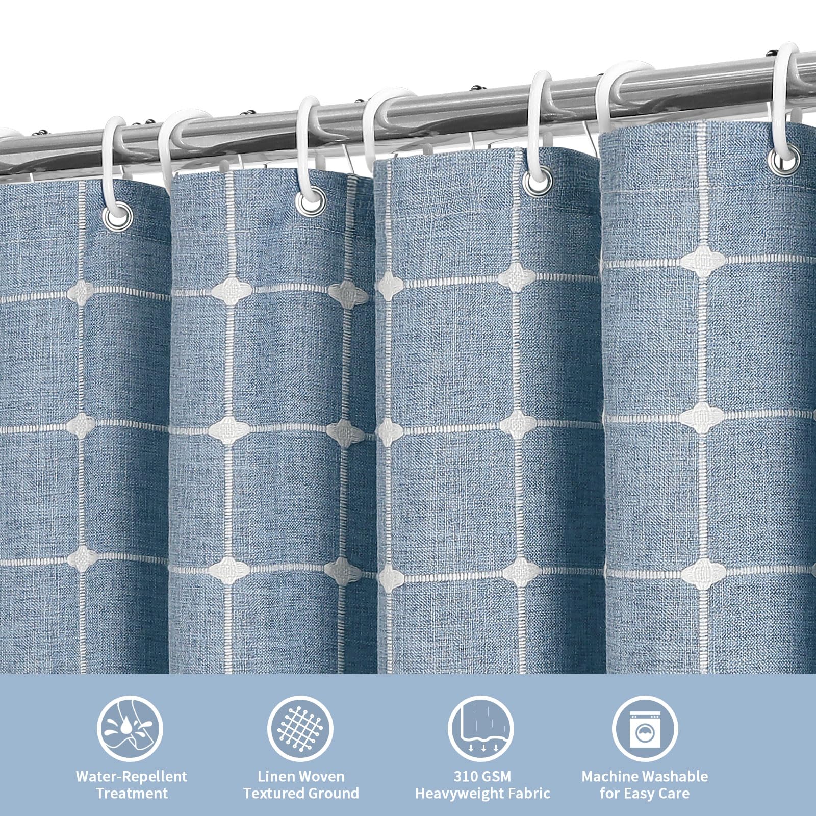 Mitovilla Blue Boho Extra Long Shower Curtain 72 X 84, Modern Farmhouse 84 Inch Xl Cotton Linen Texture Tassel Fabric Shower Cur