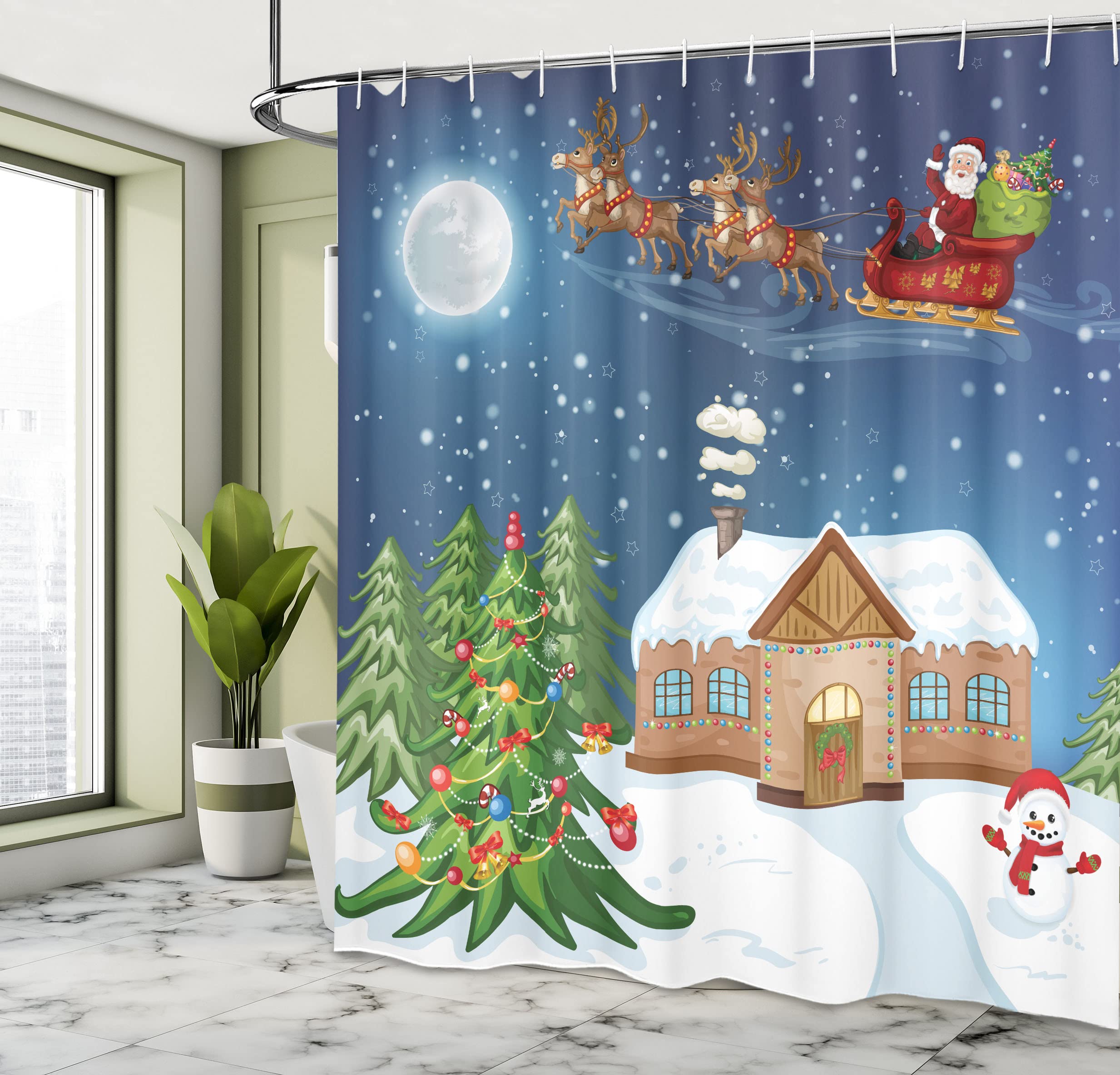Ambesonne Christmas Shower Curtain, Classical Xmas Scenery Santa Delivering Presents Rudolf The Red Nosed Reindeer, Cloth Fabric