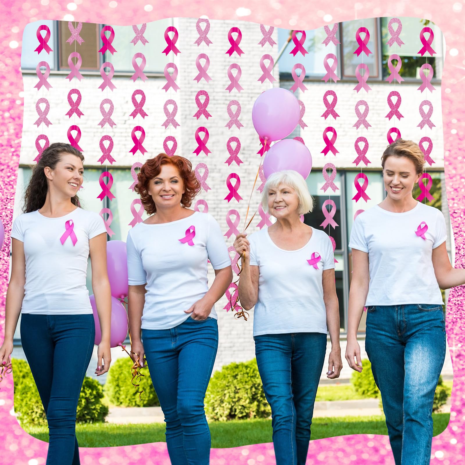 VitalCozy 24 Packs Breast Cancer Awareness Hanging Decorations Breast Cancer Party Decorations Pink Ribbon Garland for Faith Cou