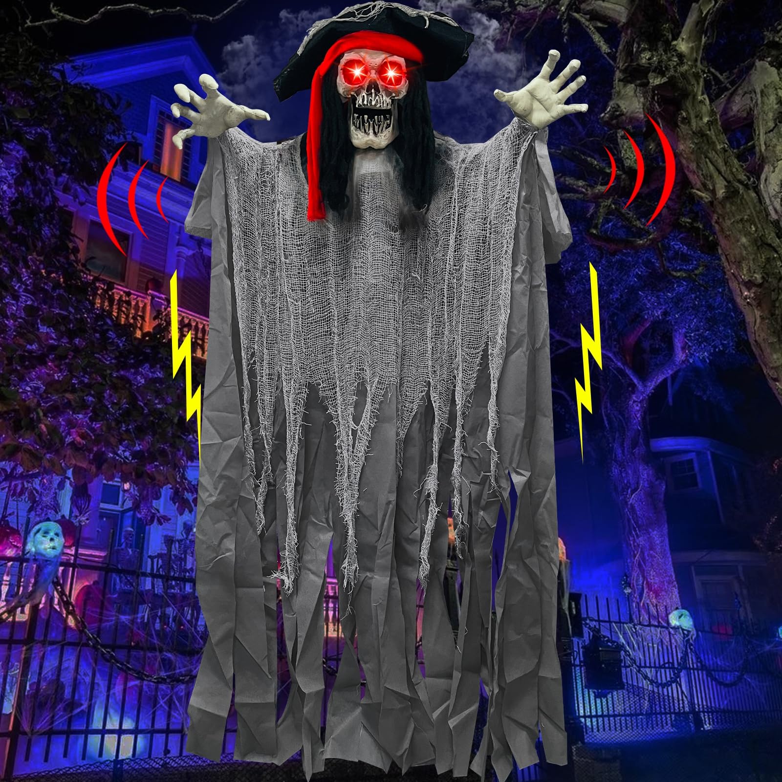 [ Sound Activated & Large ] 70 Inch Halloween Animatronic Hanging Talking Pirate Ghost Decoration Light up Eyes Shake Life Size 