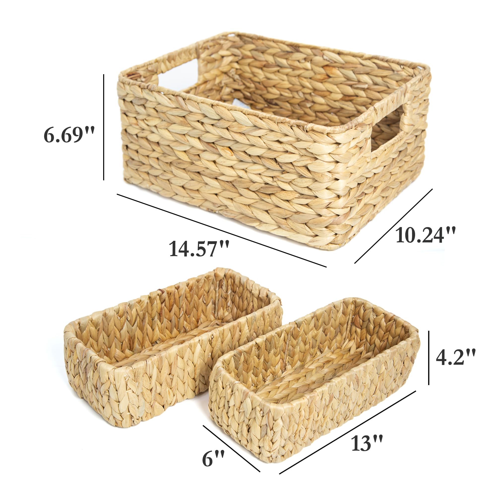 Homestead Water Hyacinth Storage Baskets, Long Narrow Rectangular Wicker Baskets For Bedroom, Living Room, Bathroom, Shelves - S