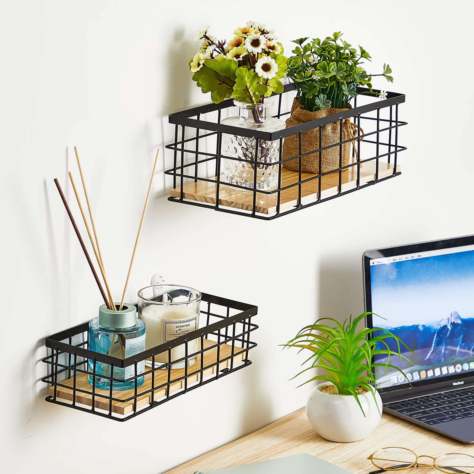 Funrous 2 Pcs Metal Wire Basket Toilet Paper Basket Wire Bathroom Storage Organizer With Wooden Base Rectangular Wall Mounted Me
