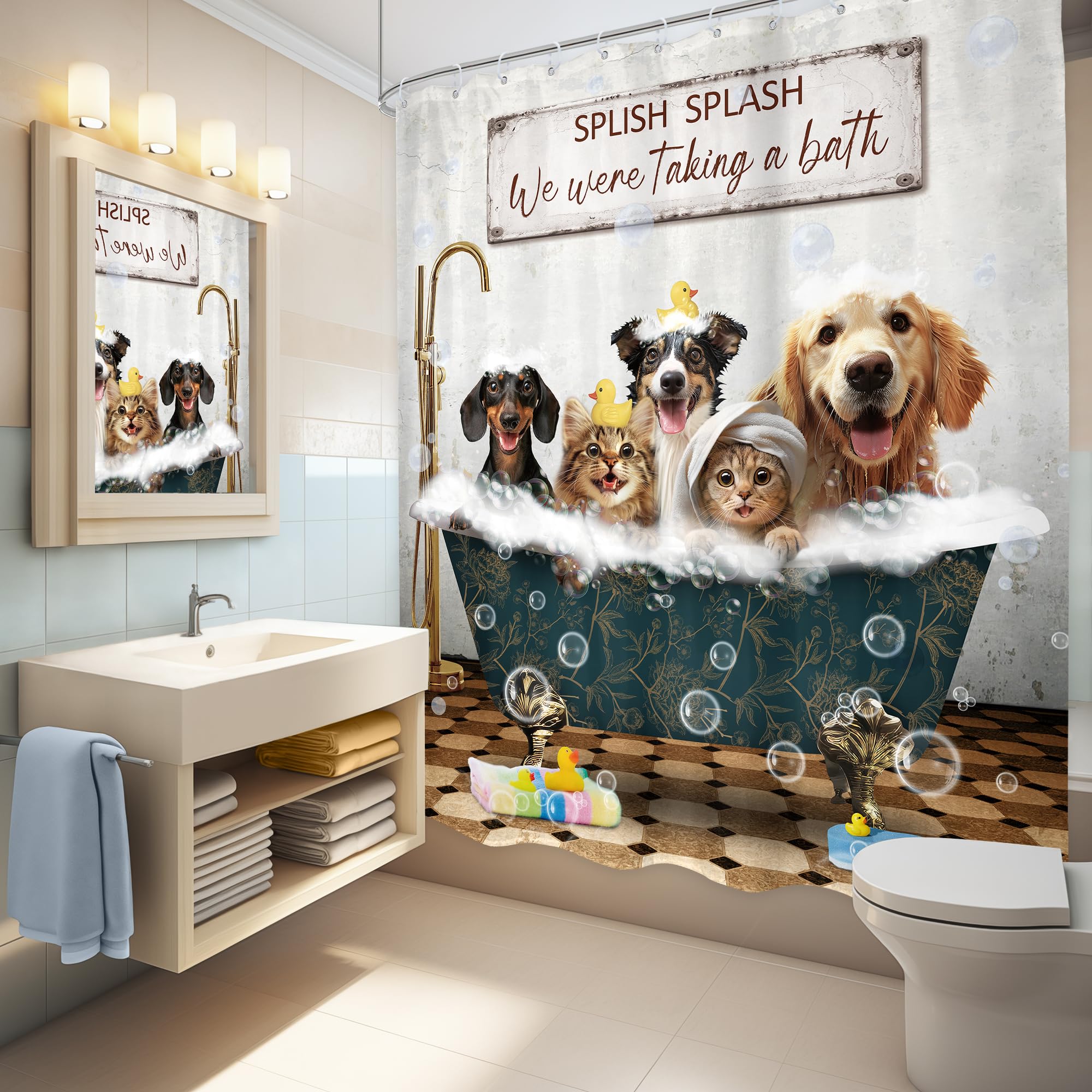 Lghtyro Funny Dogs Cats Shower Curtain Bathroom Set 60Wx71H Inches Wash Your Paws Doggy Cute Lovely Rustic Animals For Kids Boys