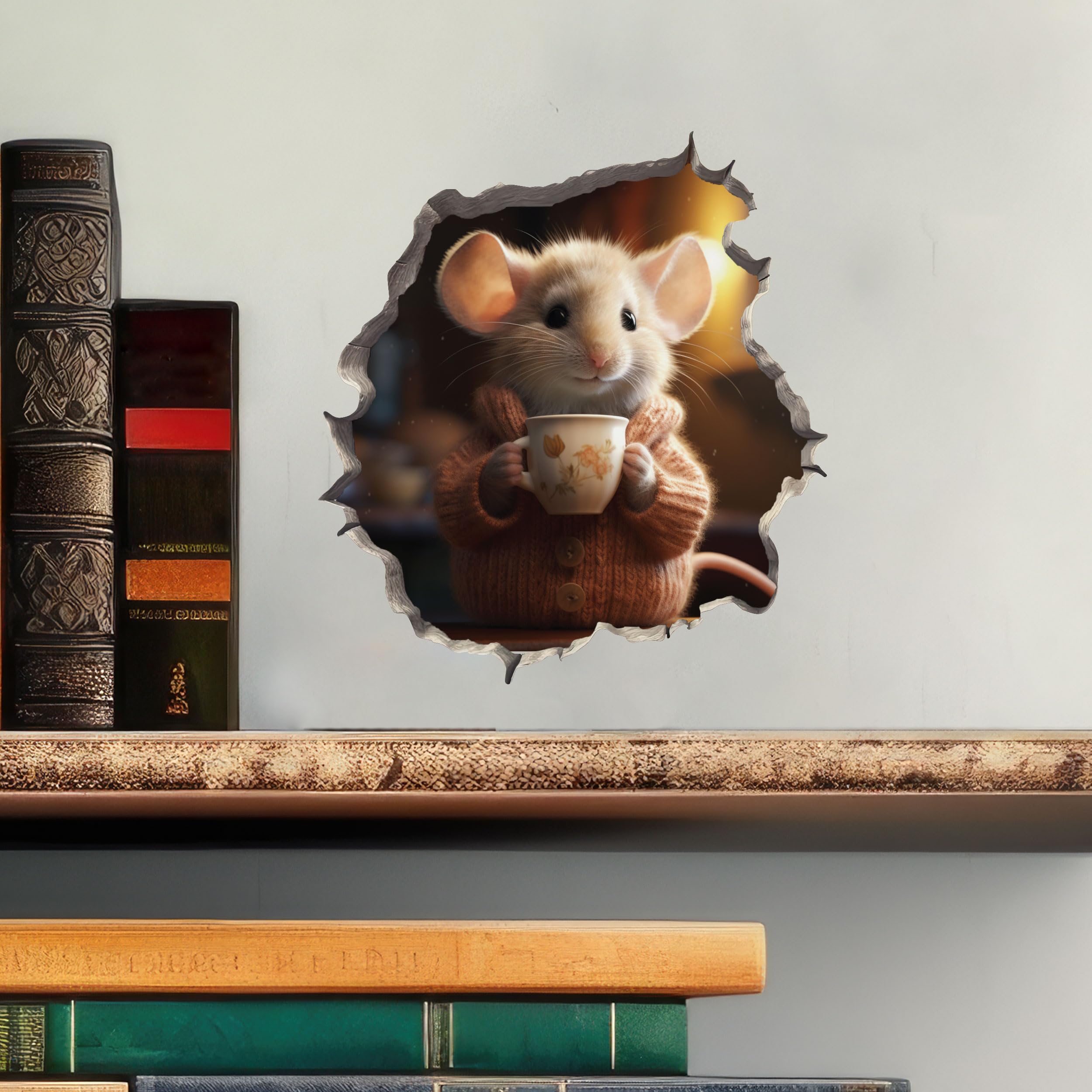 Coffee Lover Mouse Wall Hole Decal - Mouse Wall Sticker With 3D Effect