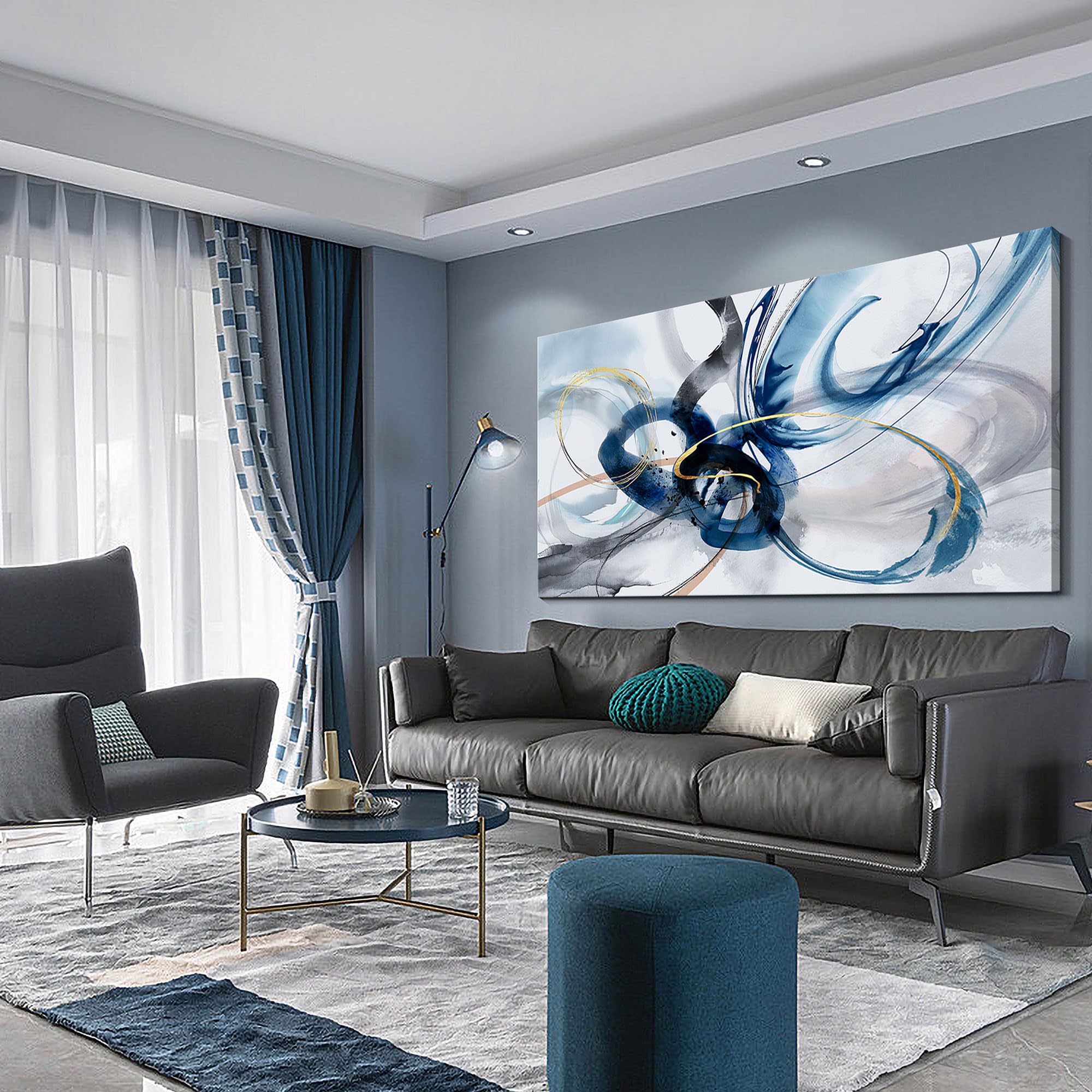 Yiijeah Modern Large Abstract Wall Art - Bright And Bold Line Design - Blue And White Canvas Picture Artwork Wall Art For Living