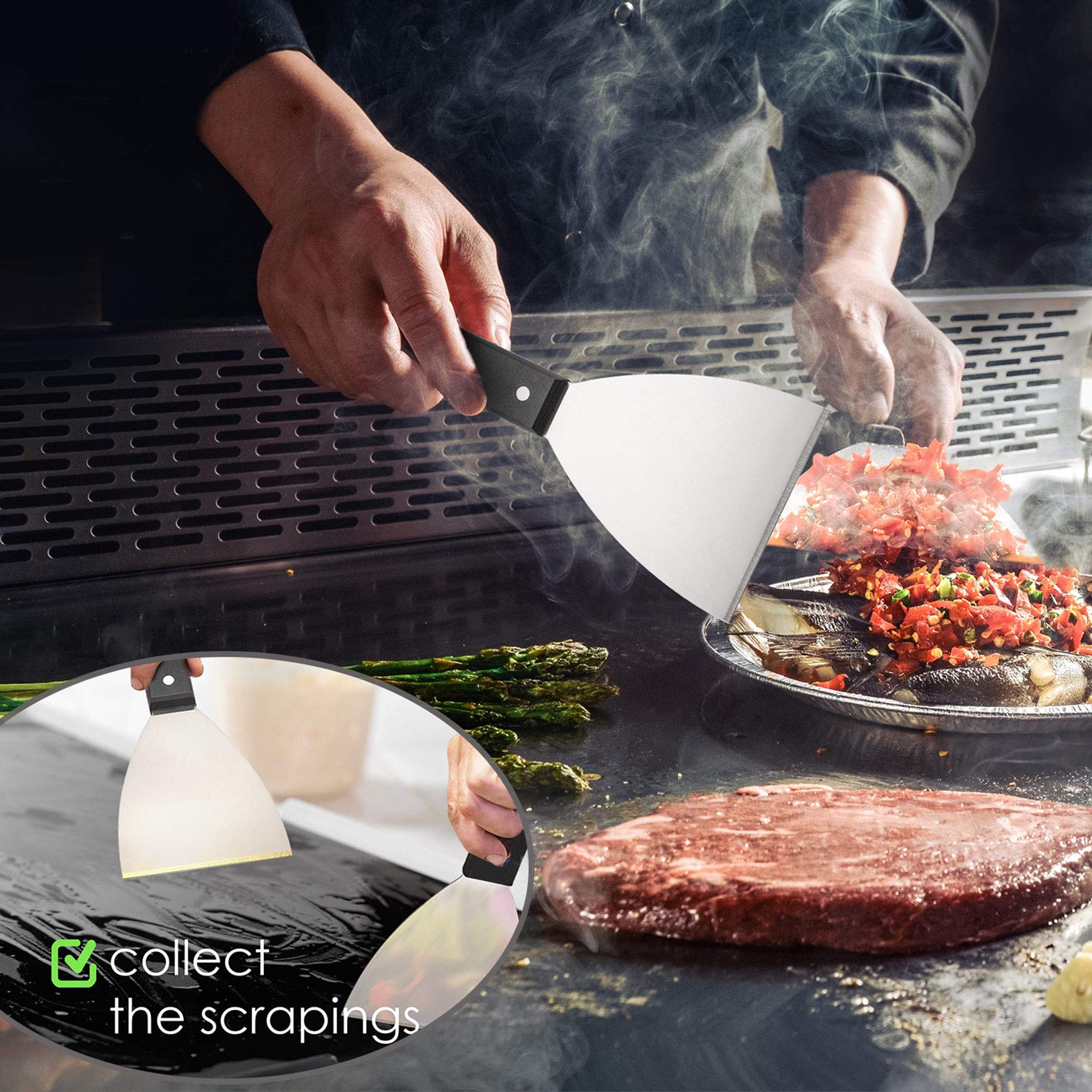 Grill Griddle Scraper Set Of 2, Leonyo Stainless Steel Metal Grill Scraper Tool For Flat Top Teppanyaki Bbq, Versatile Scraper F