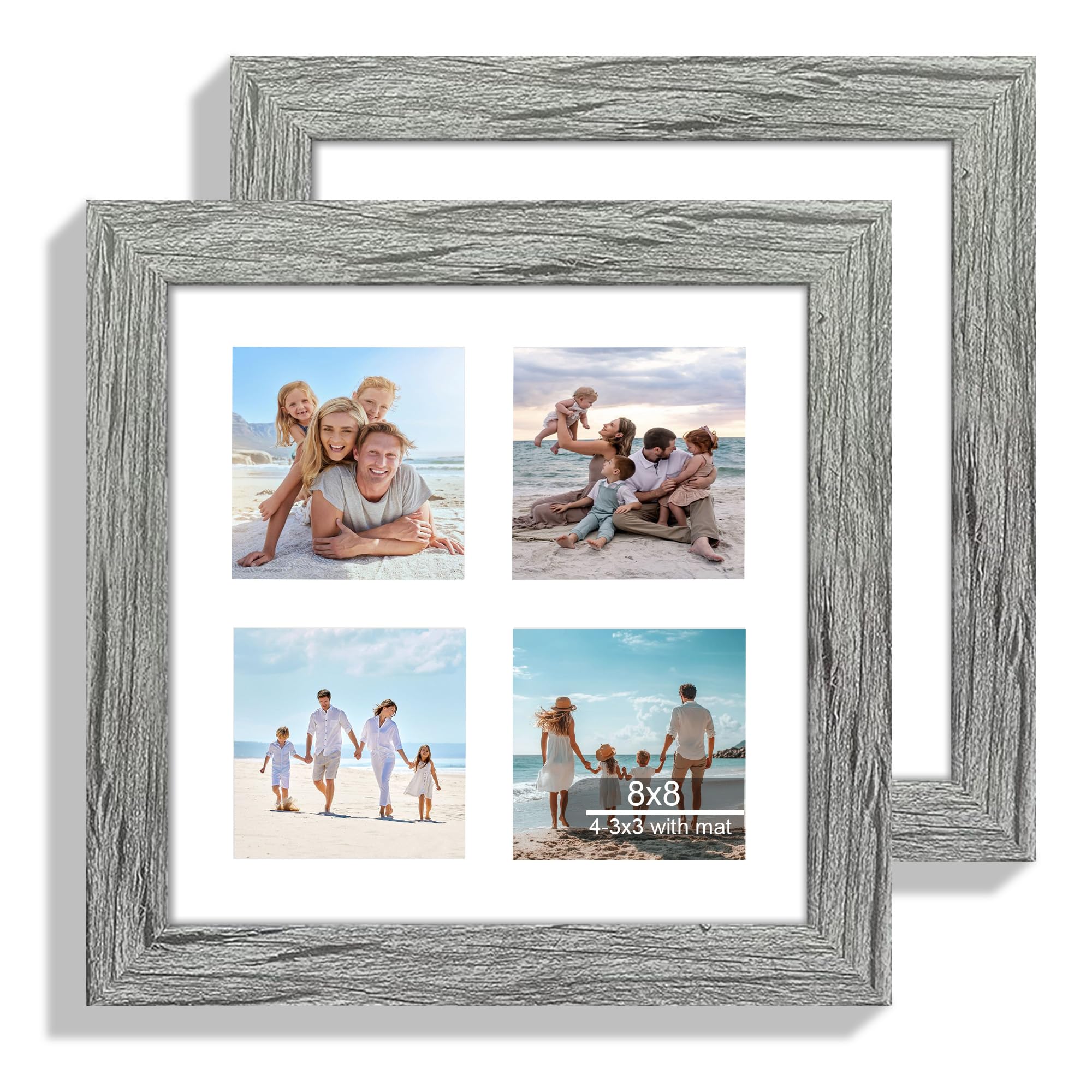 Hongkee 8x8 Picture Frame Set of 2, with Glass and Grey Wood Frames, Display Collage Four Opening 3x3 With Mat or 8 x 8 Without 
