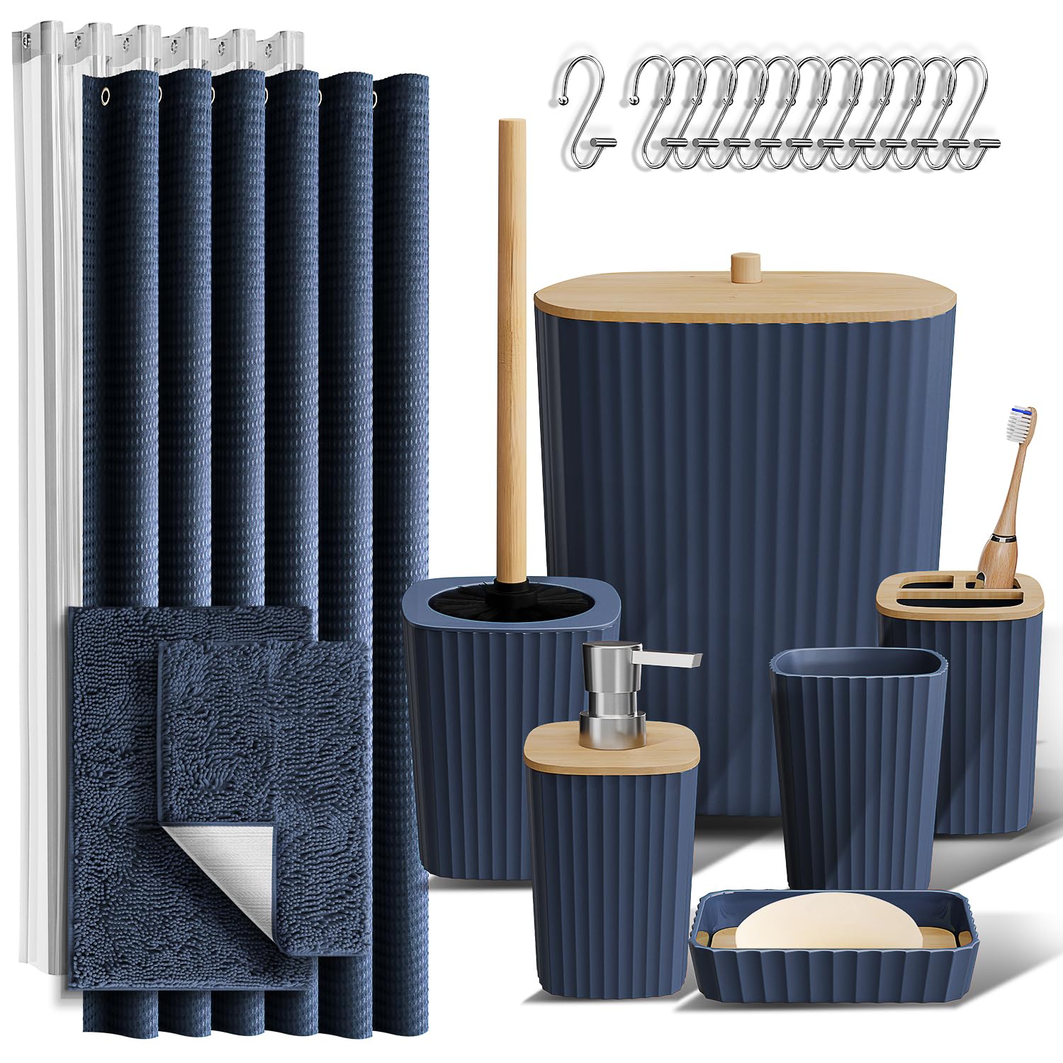 Clara Clark Bathroom Accessories Set - Navy Bathroom Set, Bathroom Sets With Shower Curtain And Rugs, 22Pc Shower Curtain Set Wi