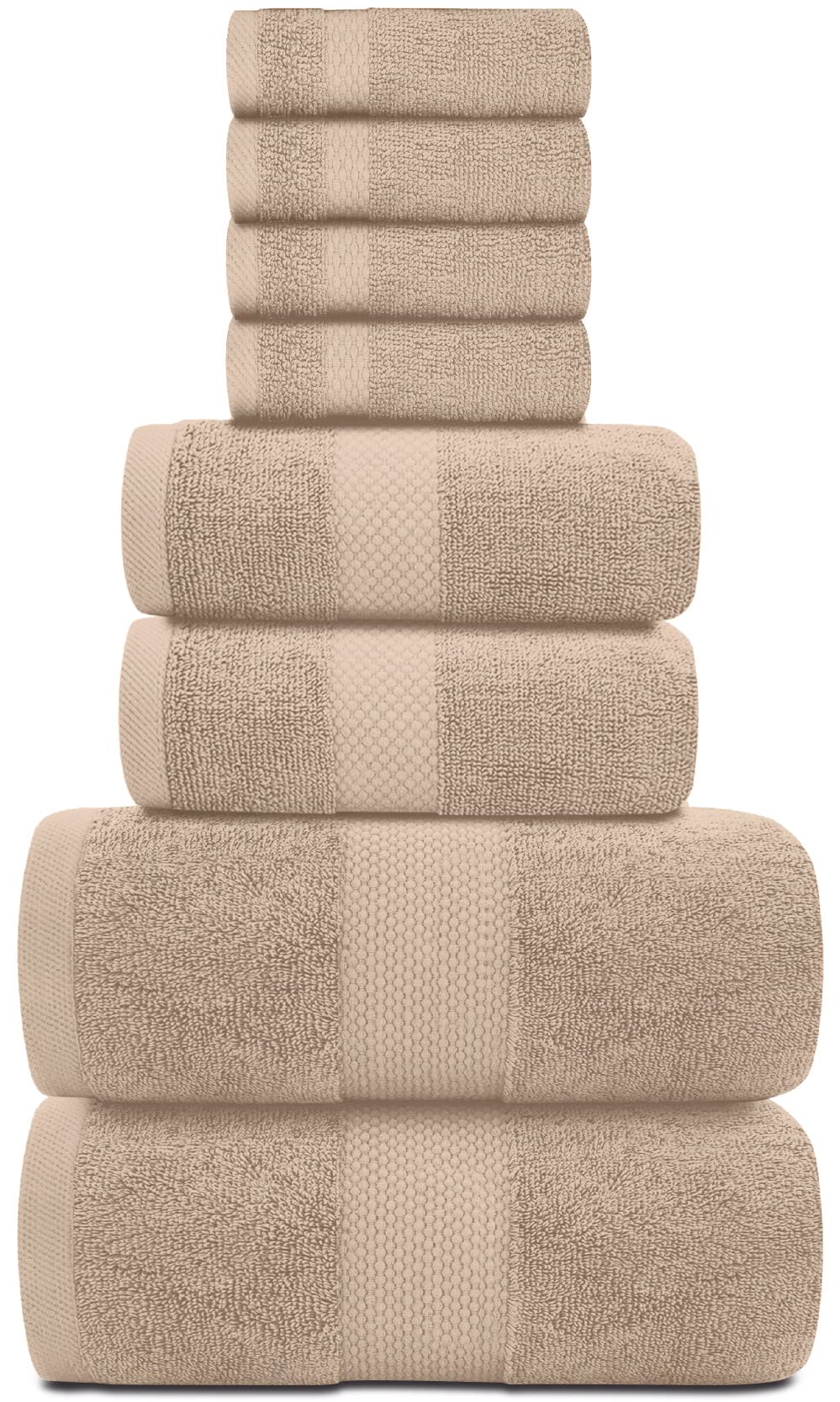 White Classic Luxury Taupe Bath Towel Set - Combed Cotton Hotel Quality Absorbent 8 Piece Towels | 2 Bath Towels | 2 Hand Towels