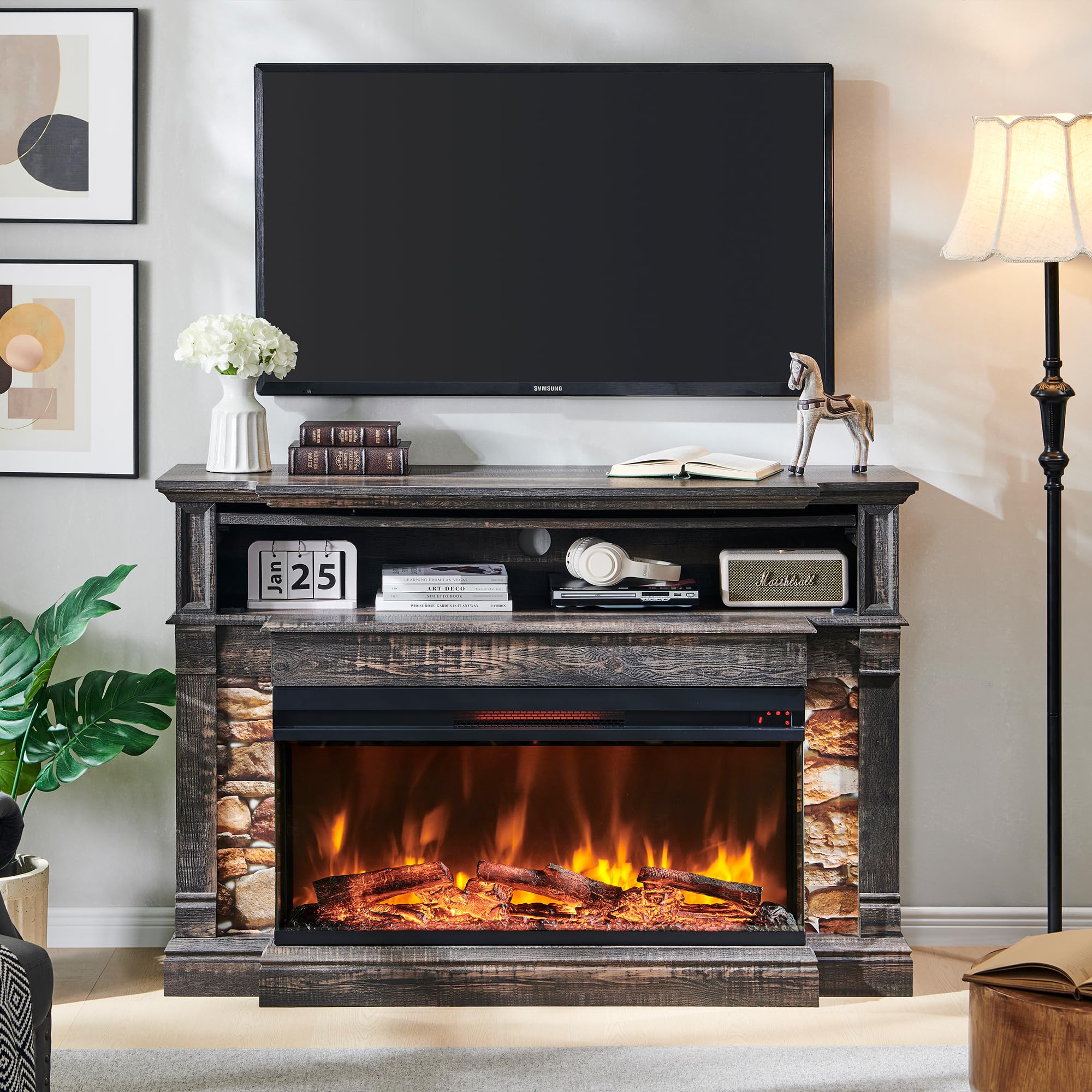 OKD 52 Electric Fireplace with Mantel, Freestanding Fireplace Heater TV Stand with 36 3-Side Glass Insert for TVs Up to 65 with 