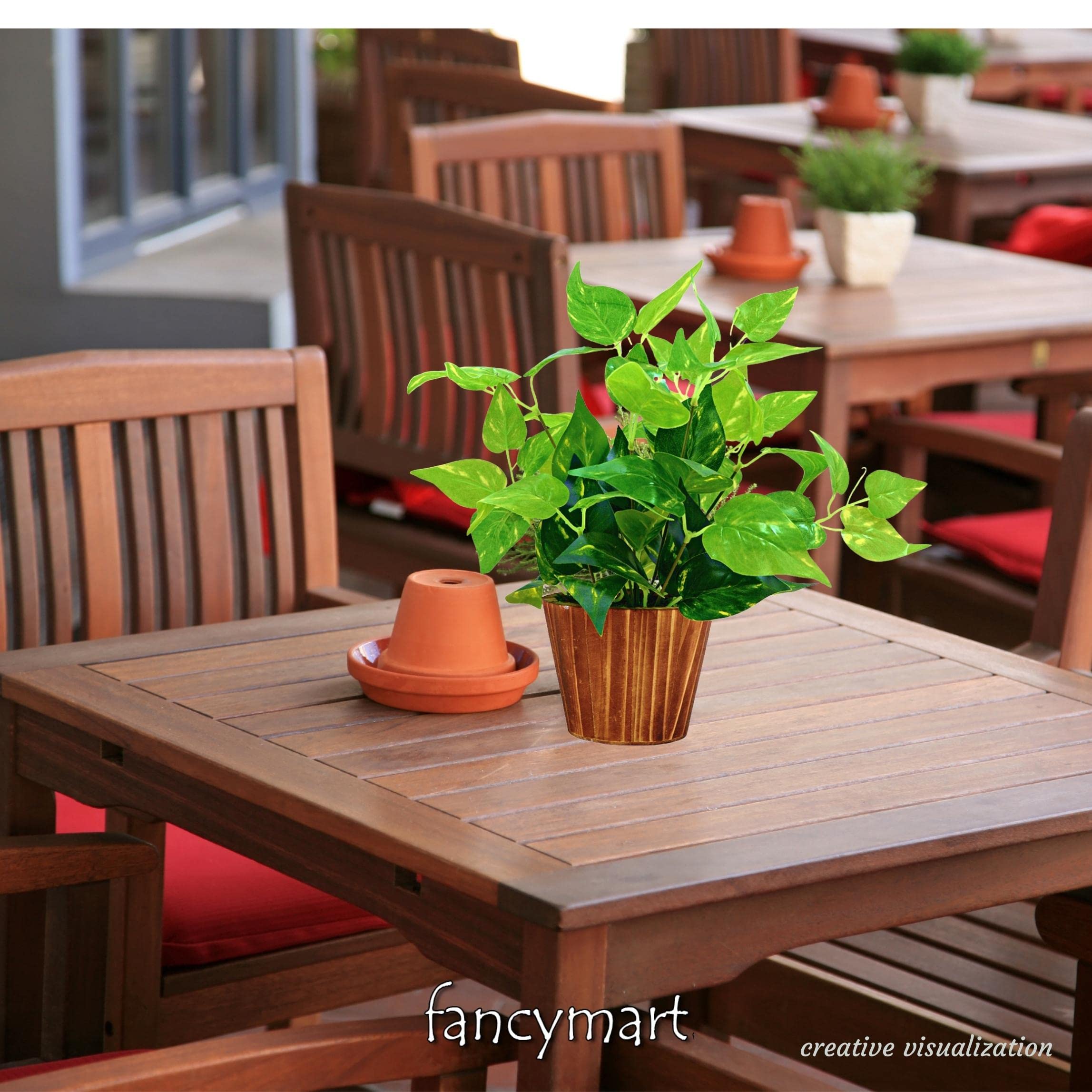 fancymart Artificial Money Plant Leaves in Wood Pot Pefect Decoration for Home & Office Space