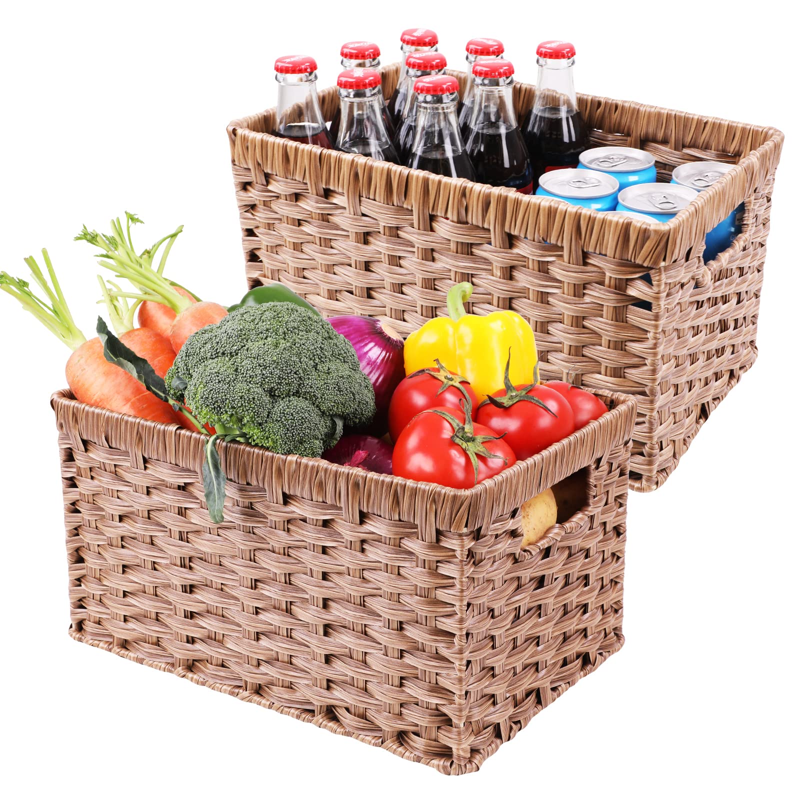 Rosos Wicker Baskets 2 Pack, Rectangular Wicker Storage Basket With Handles, Waterproof Plastic Large Wicker Baskets For Storage