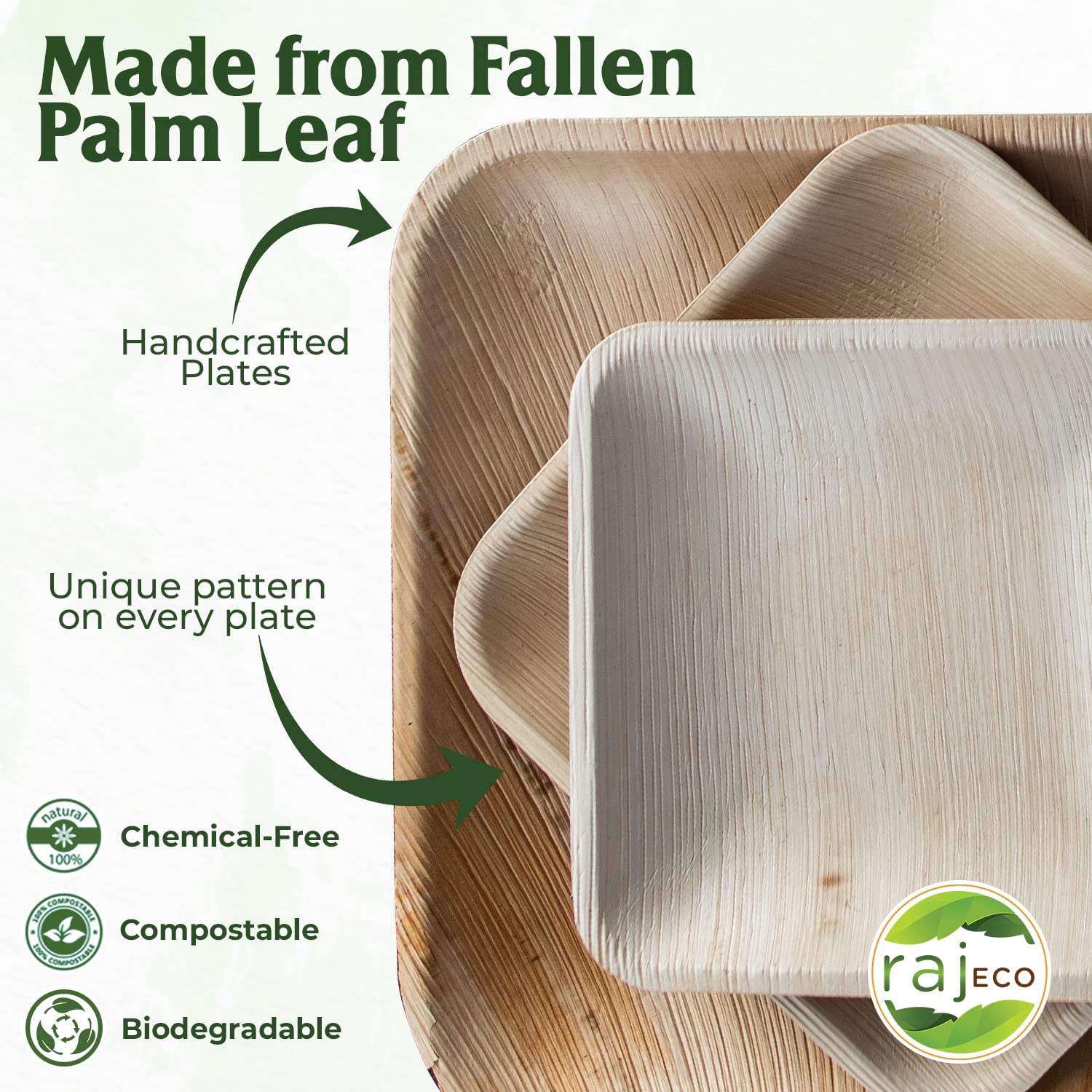 Raj Disposable Palm Leaf Plates [50-Pack] Large Square Plates Strong And Reusable Party Plates Like Bamboo Plates - Decorative C