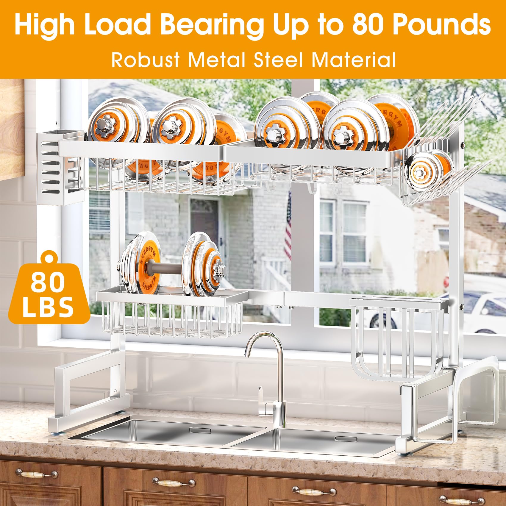 Over The Sink Dish Drying Rack, Adjustable (26.8'' To 34.6'') Large Dish Drainer Drying Rack For Kitchen Counter With Multiple B