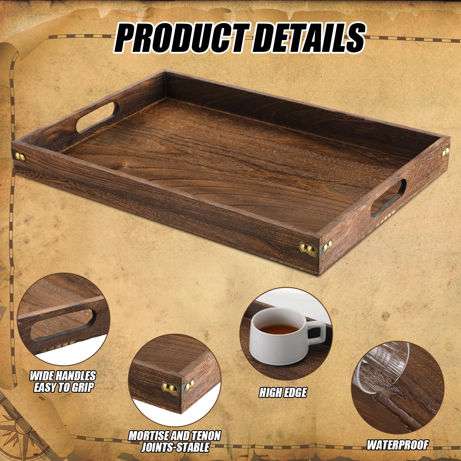 Geetery 2 Sets 14 Pcs Wooden Serving Trays With Handle Large Medium Small Mini Nesting Multipurpose Trays Rectangular Wood Servi