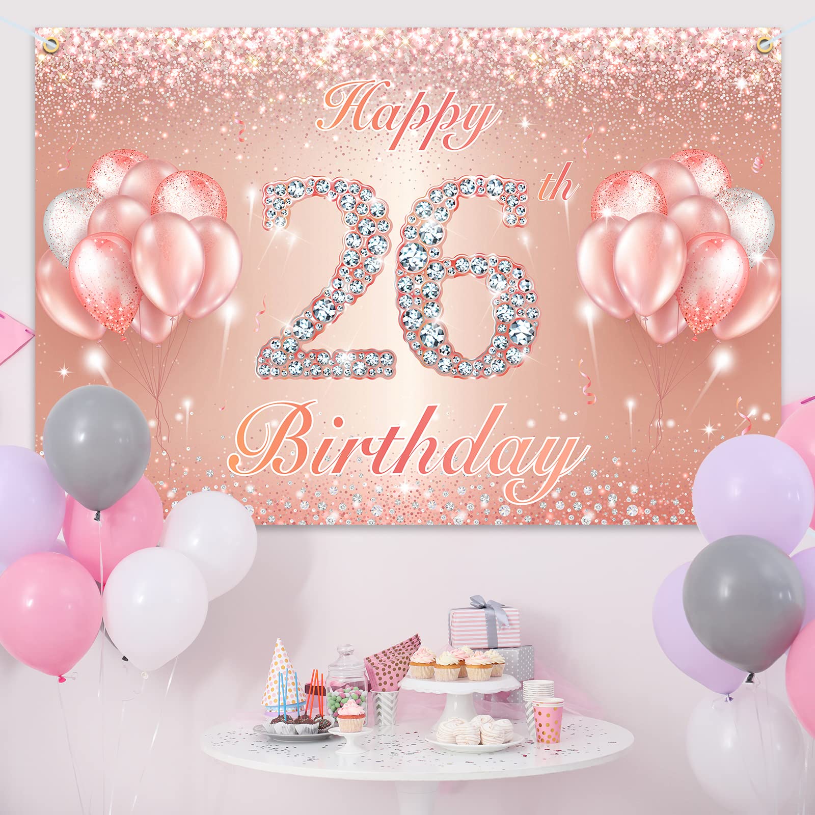 Happy 26Th Birthday Banner Backdrop - 26 Birthday Party Decorations Supplies For Women Or Men - Rose Gold 4 X 6Ft